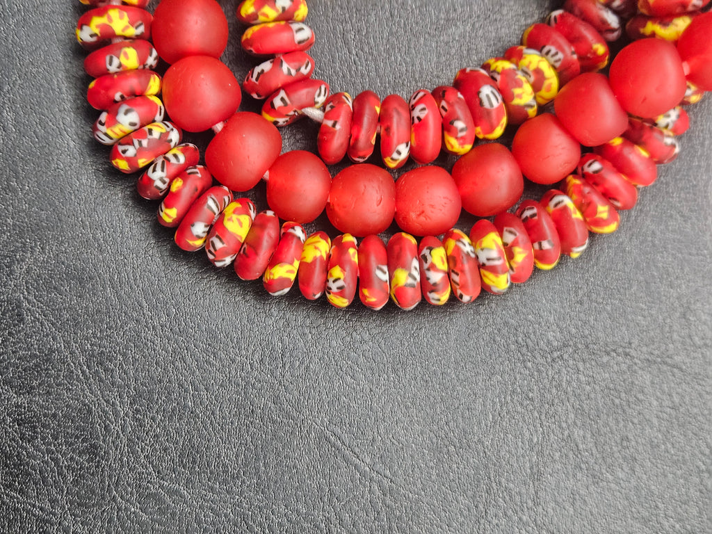 Red African Glass Bead Bundle: Hand-Painted Krobo Rondelle & Round Pocket Glass Beads from Ghana