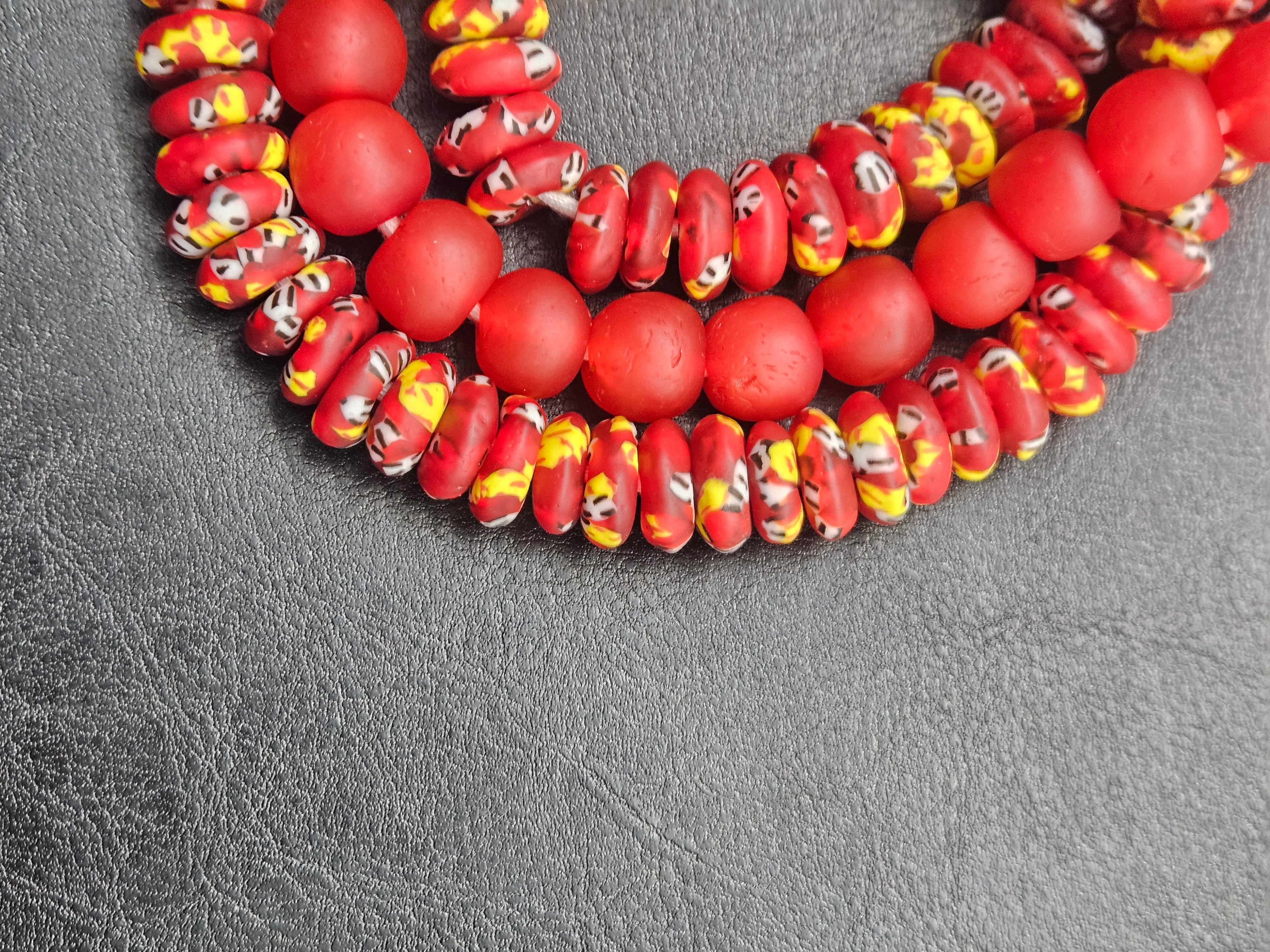 Red African Glass Bead Bundle: Hand-Painted Krobo Rondelle & Round Pocket Glass Beads from Ghana