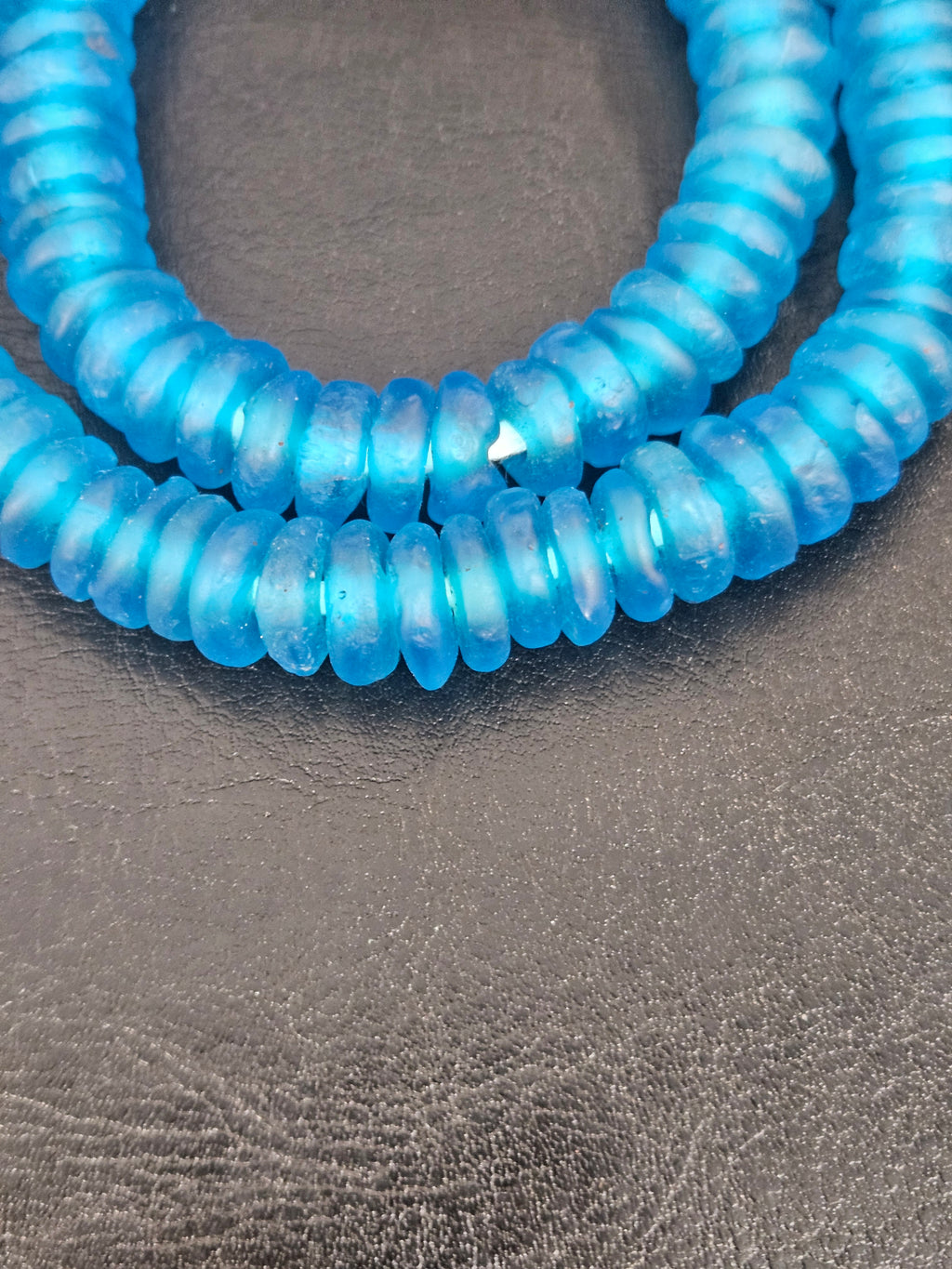 Authentic Bright Aqua Krobo Translucent Recycled Glass Rondelle Beads | Handmade in Ghana
