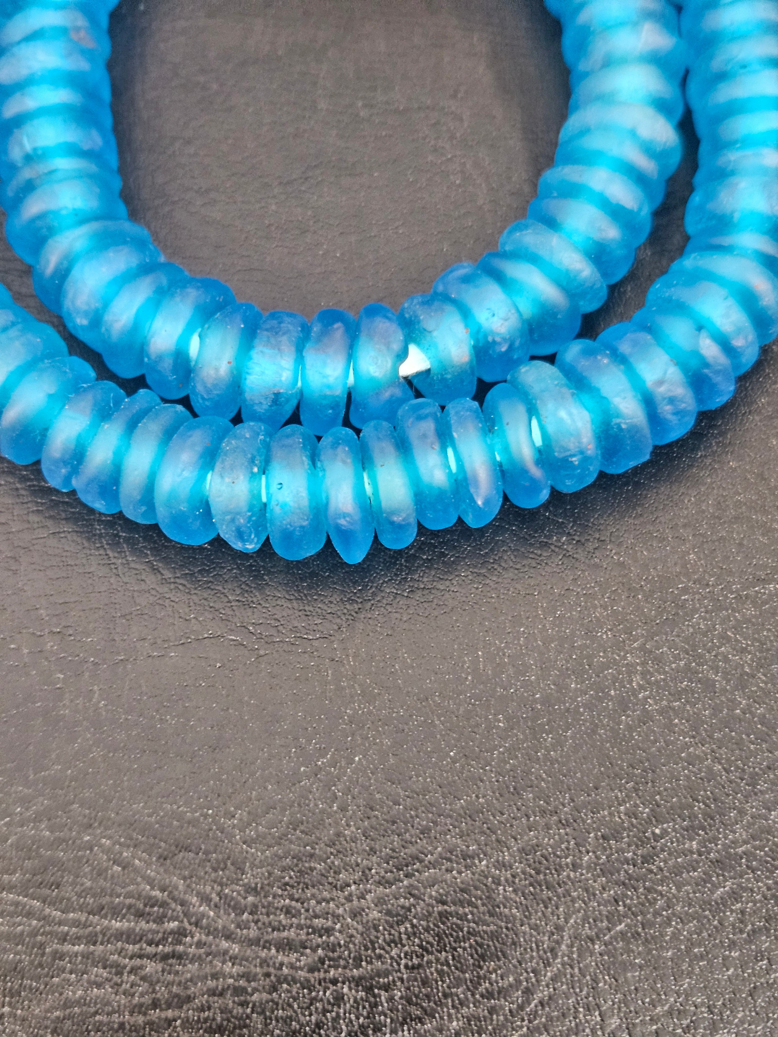 Authentic Bright Aqua Krobo Translucent Recycled Glass Rondelle Beads | Handmade in Ghana