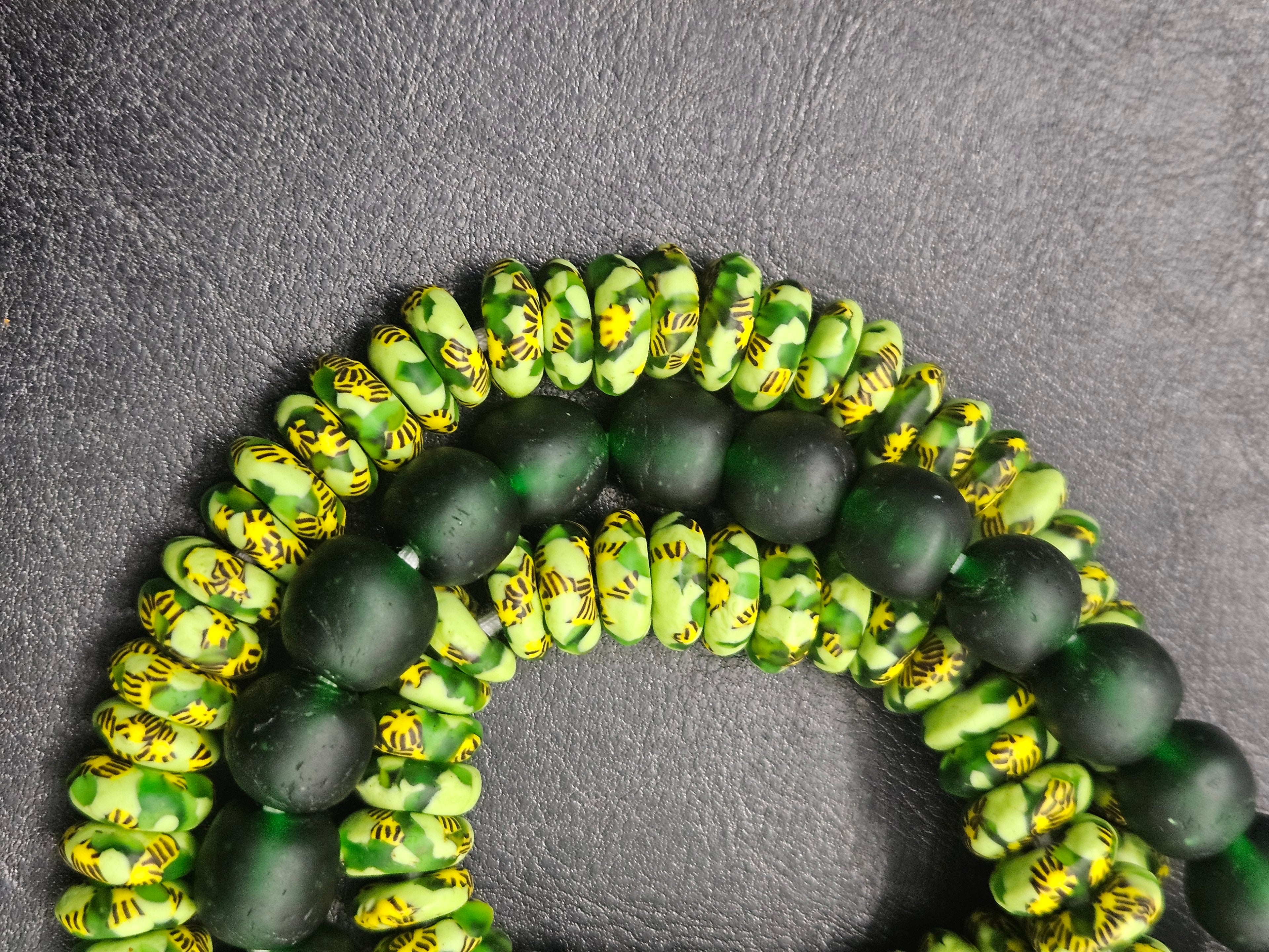 Lime Green Hand-Painted Krobo Rondelle Glass Beads & Emerald Green Pocket Glass Beads | Handmade in Ghana