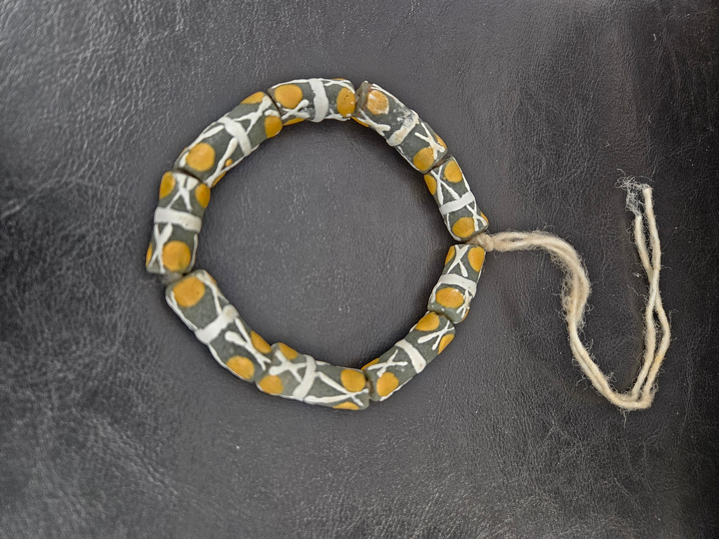 African Glass Beads – Painted Krobo Long Tubes, Green & Gold