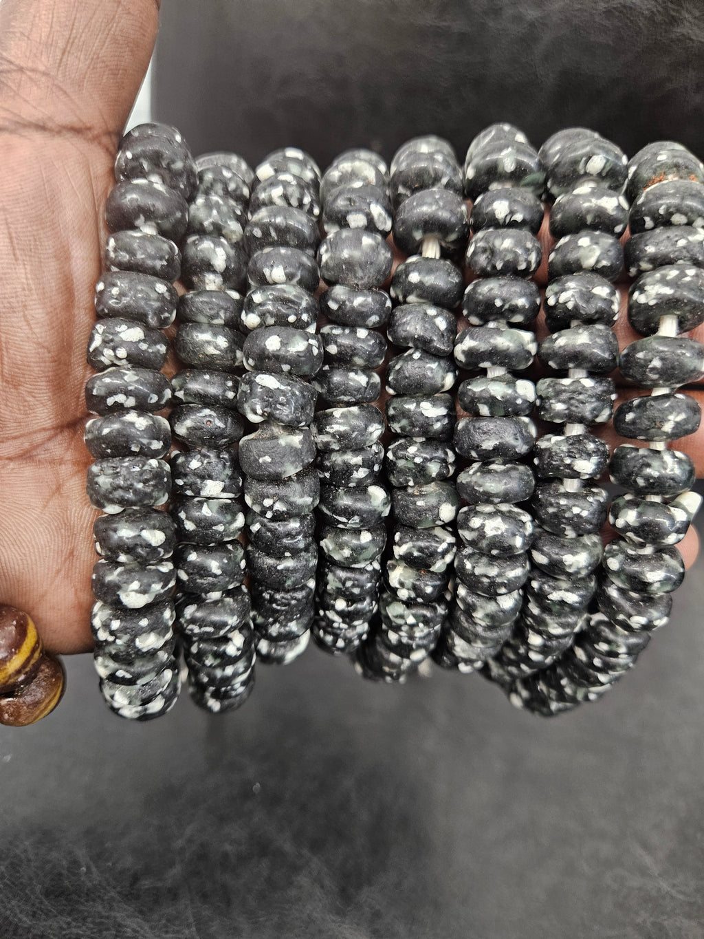 Black Speckled Krobo Powdered Glass Short Tube Beads | 7–9 × 13–14mm | Ghana | Approx. 32–33 Beads