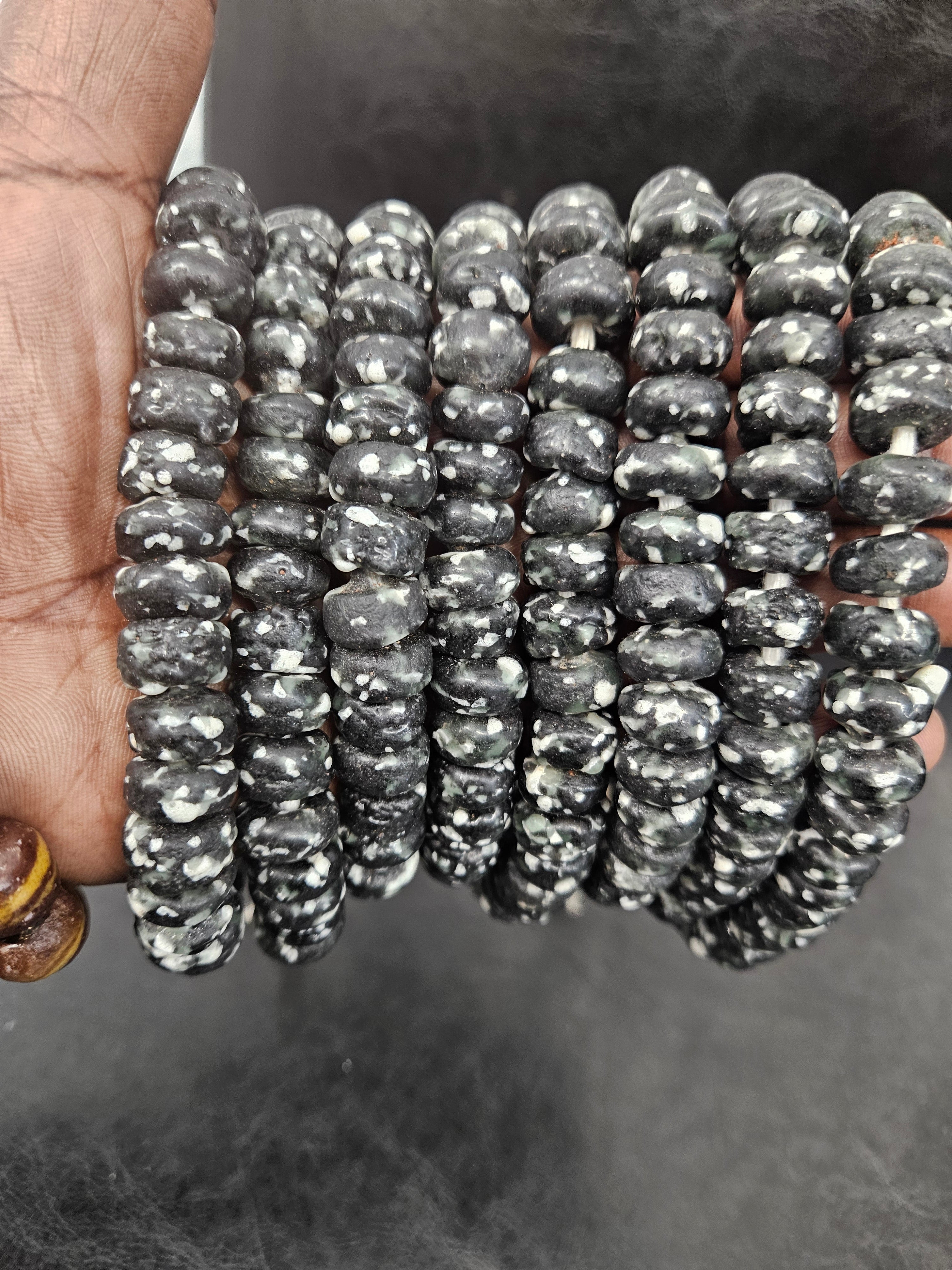 Black Speckled Krobo Powdered Glass Short Tube Beads | 7–9 × 13–14mm | Ghana | Approx. 32–33 Beads
