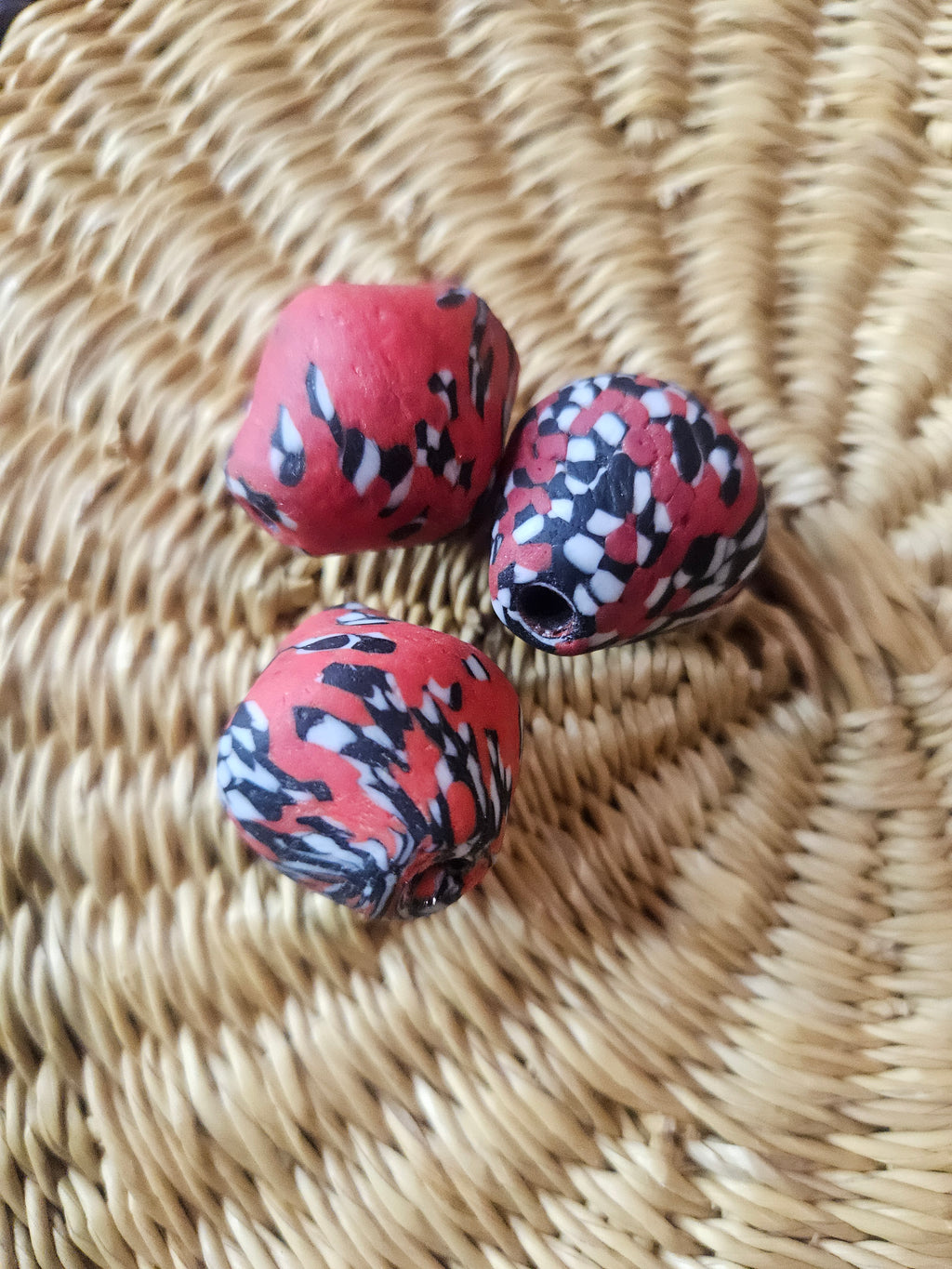 24mm Fused Krobo Recycled Glass Focal Bead – Red Abstract