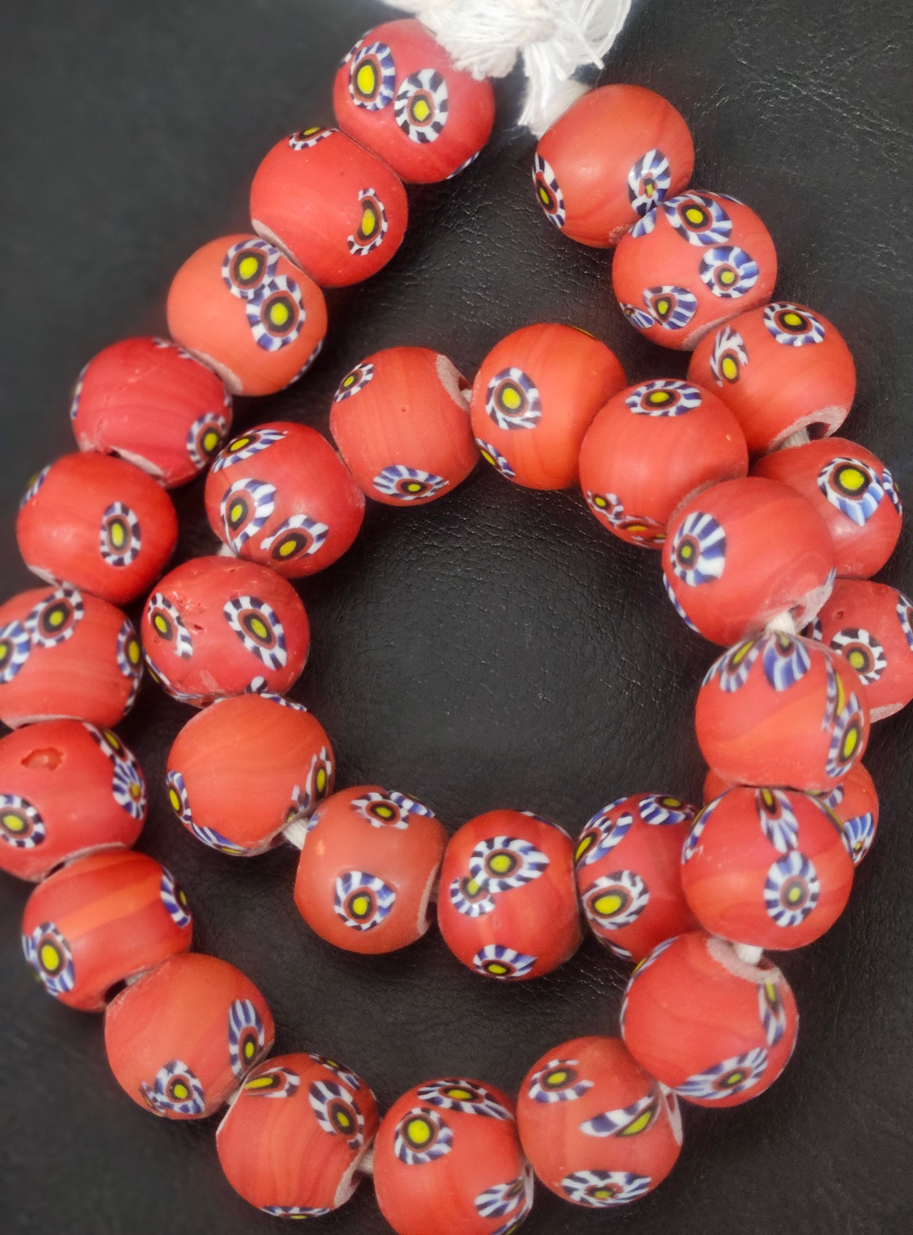 Coral Eye Motif African Trade Beads Sourced in Ghana | Large-Hole Recycled Glass Trade Beads | 15–16mm Designer & Collector Strand