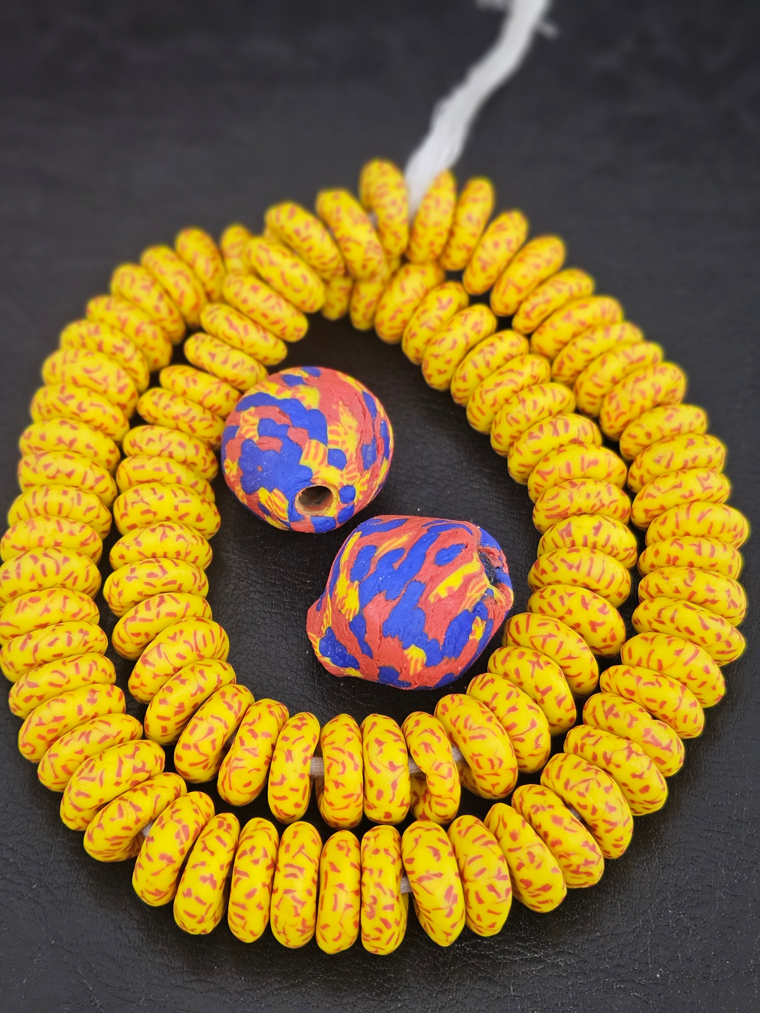 Yellow African Beads Bundle – Krobo Glass Rondelles + Bicone Focals