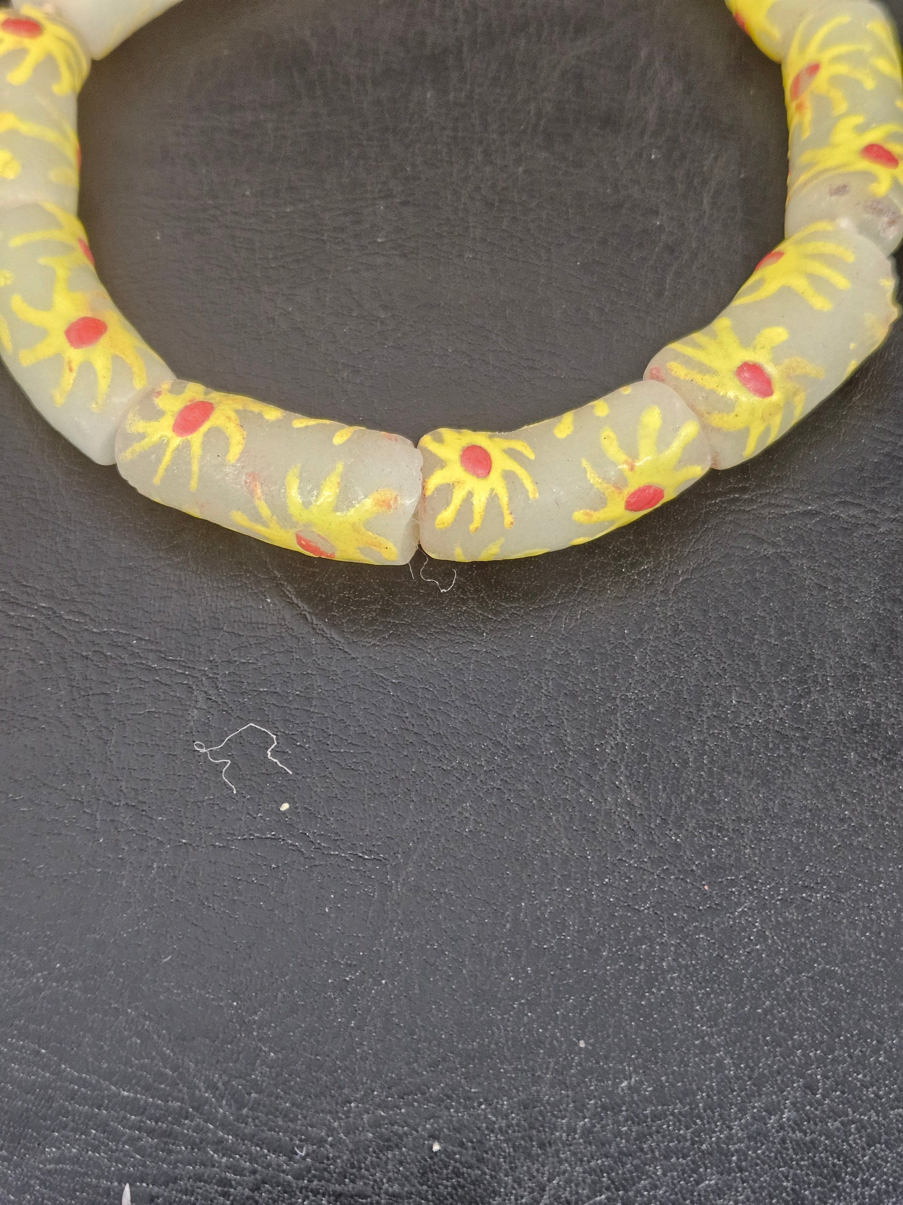Painted Krobo Glass Tube Beads | Soft Ivory Recycled Glass Tube Beads | Handmade in Ghana | 13–14×26–30mm