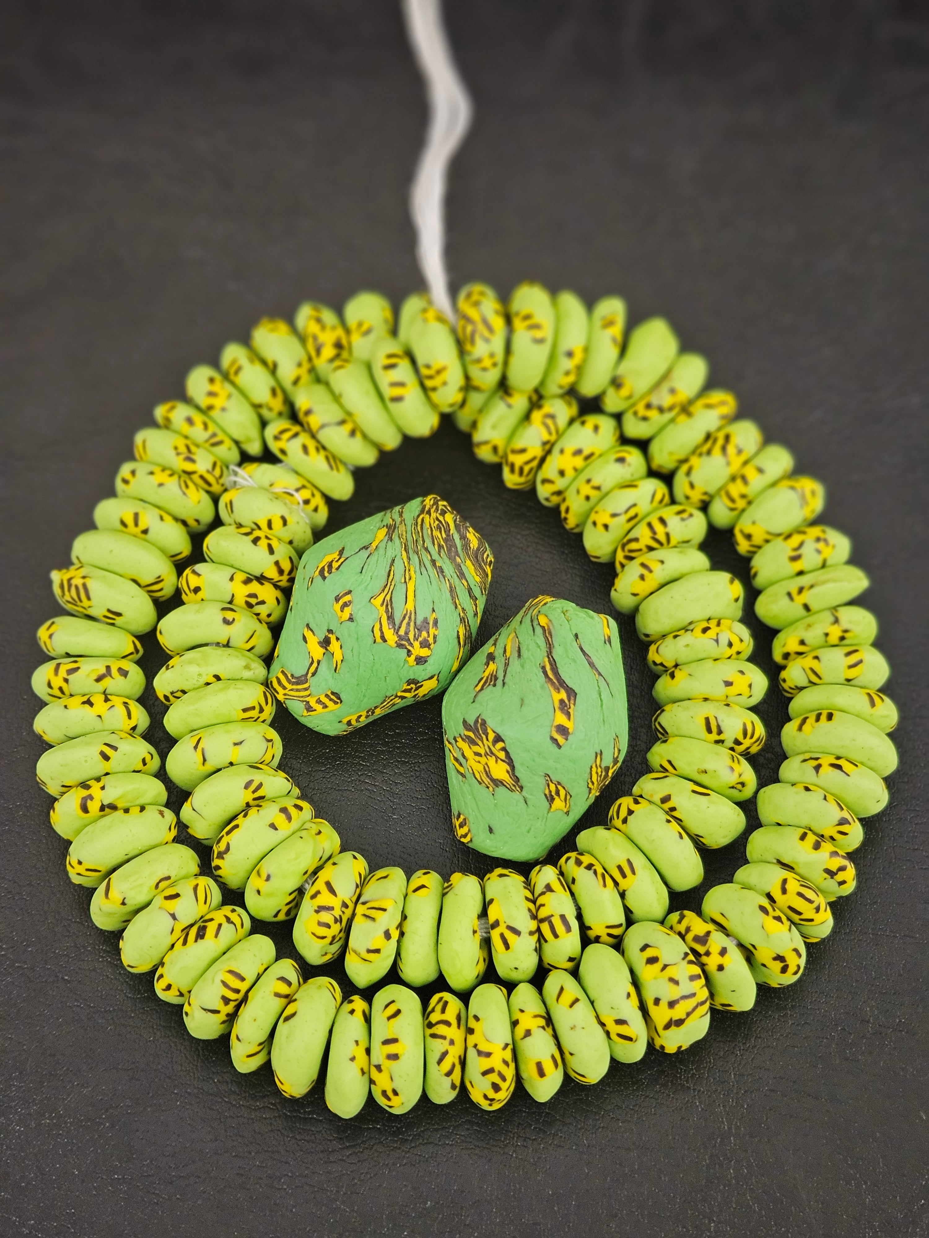 Green African Glass Beads Bundle – Krobo Rondelles + Bicone Focals