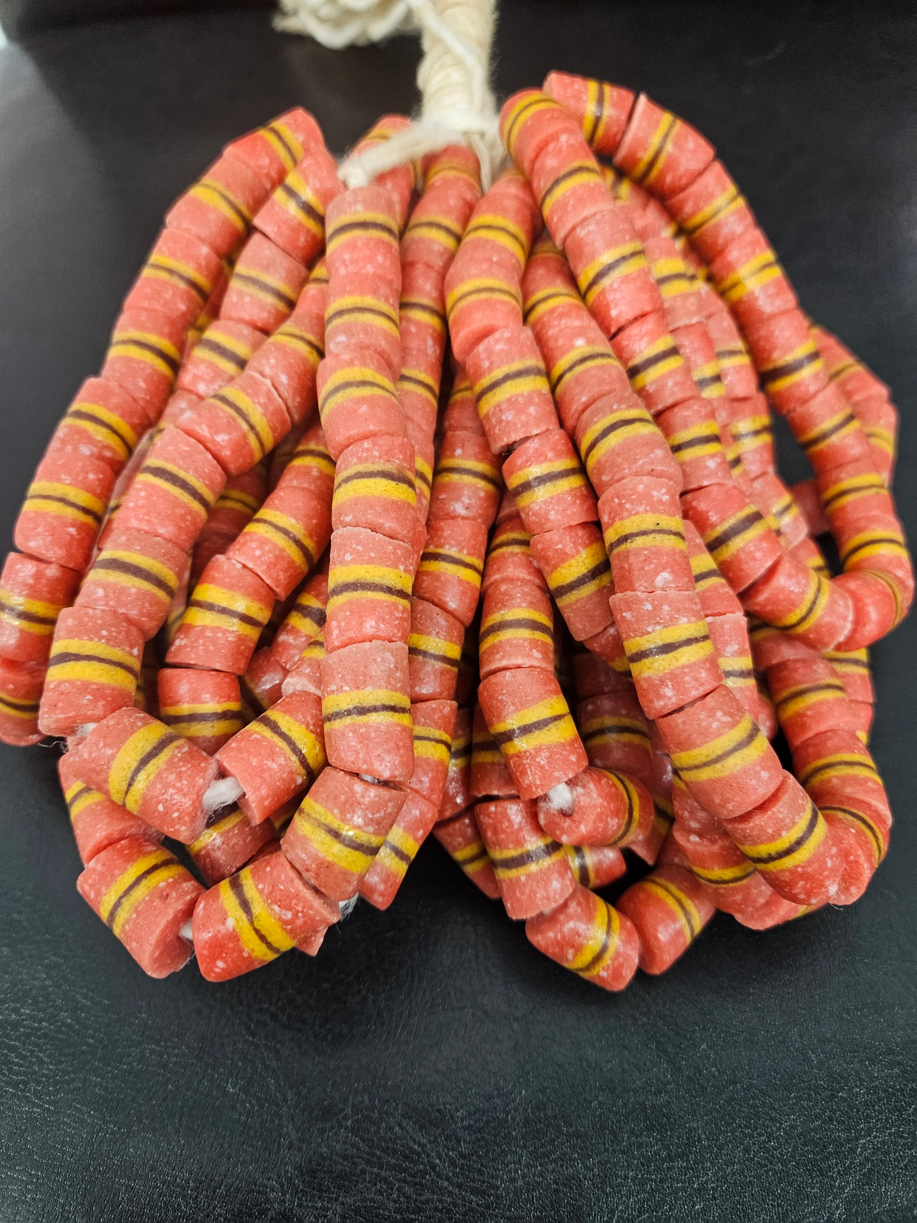Red Striped Krobo Kente Glass Beads | Handcrafted Powdered Glass Beads from Ghana | Approx. 17 Beads