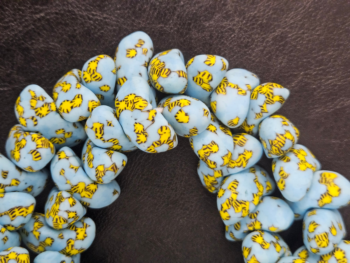 XL Sky Blue, Black & Golden Yellow Canoe-Shaped Krobo Powdered Glass Beads | Handmade Recycled Glass Beads from Ghana | Large Hole African Designer Beads