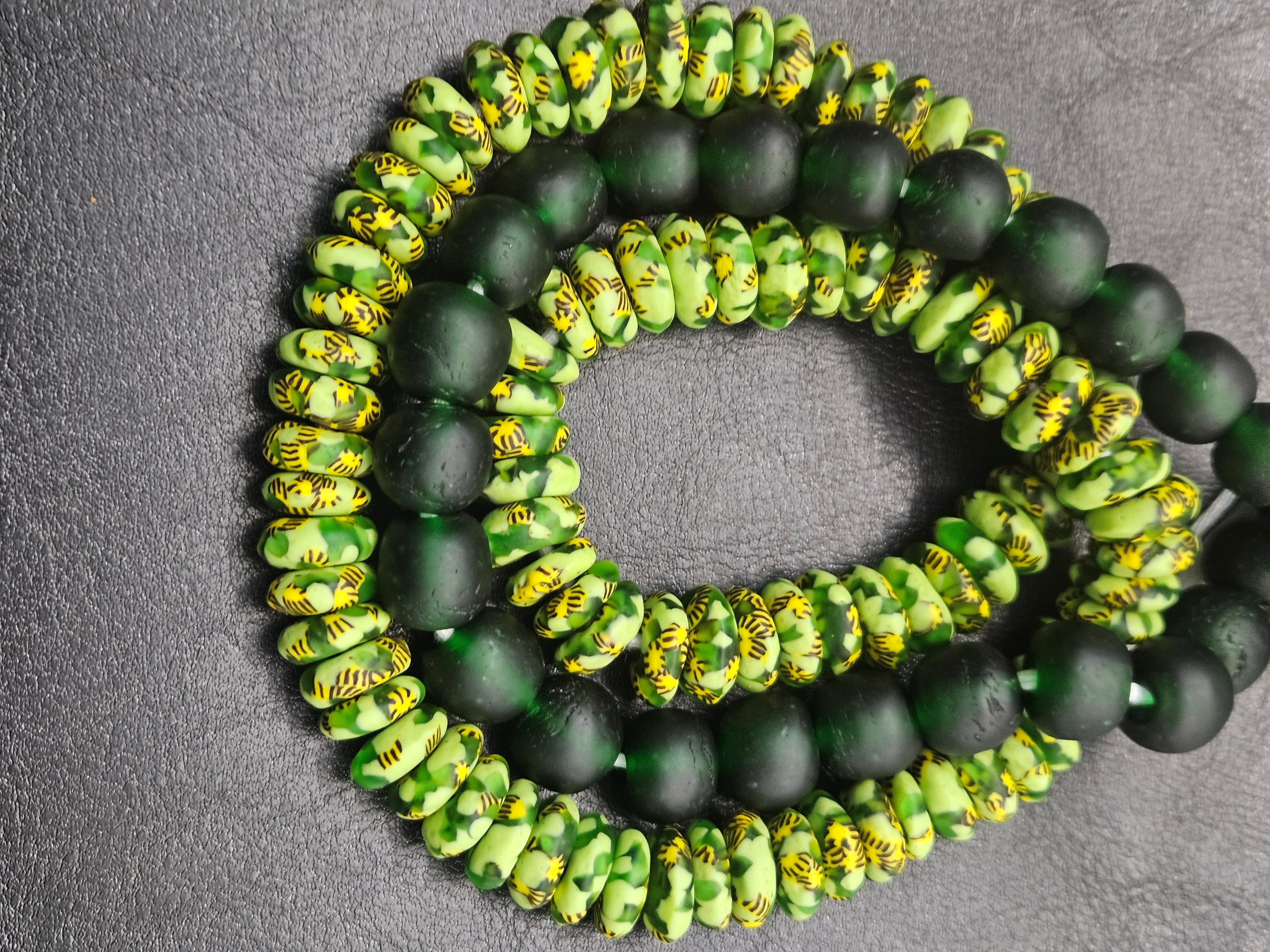 Lime Green Hand-Painted Krobo Rondelle Glass Beads & Emerald Green Pocket Glass Beads | Handmade in Ghana