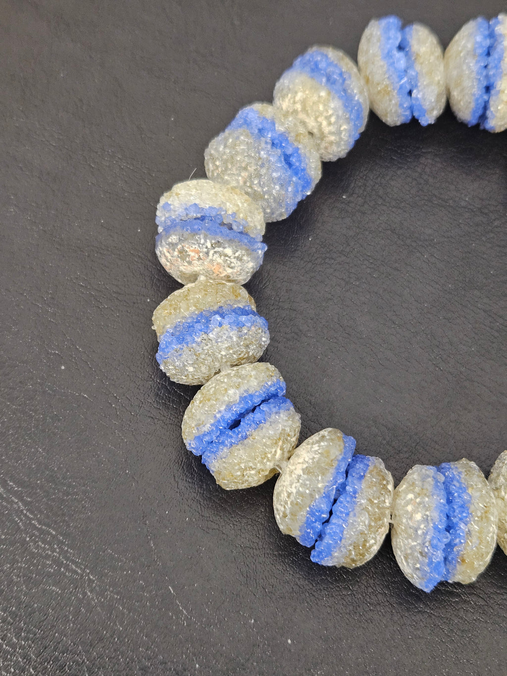 Royal Blue & Ivory Krobo Sugar Glass Rondelle Beads | Handcrafted Recycled Glass Beads from Ghana | Approx. 30 Beads Per Strand