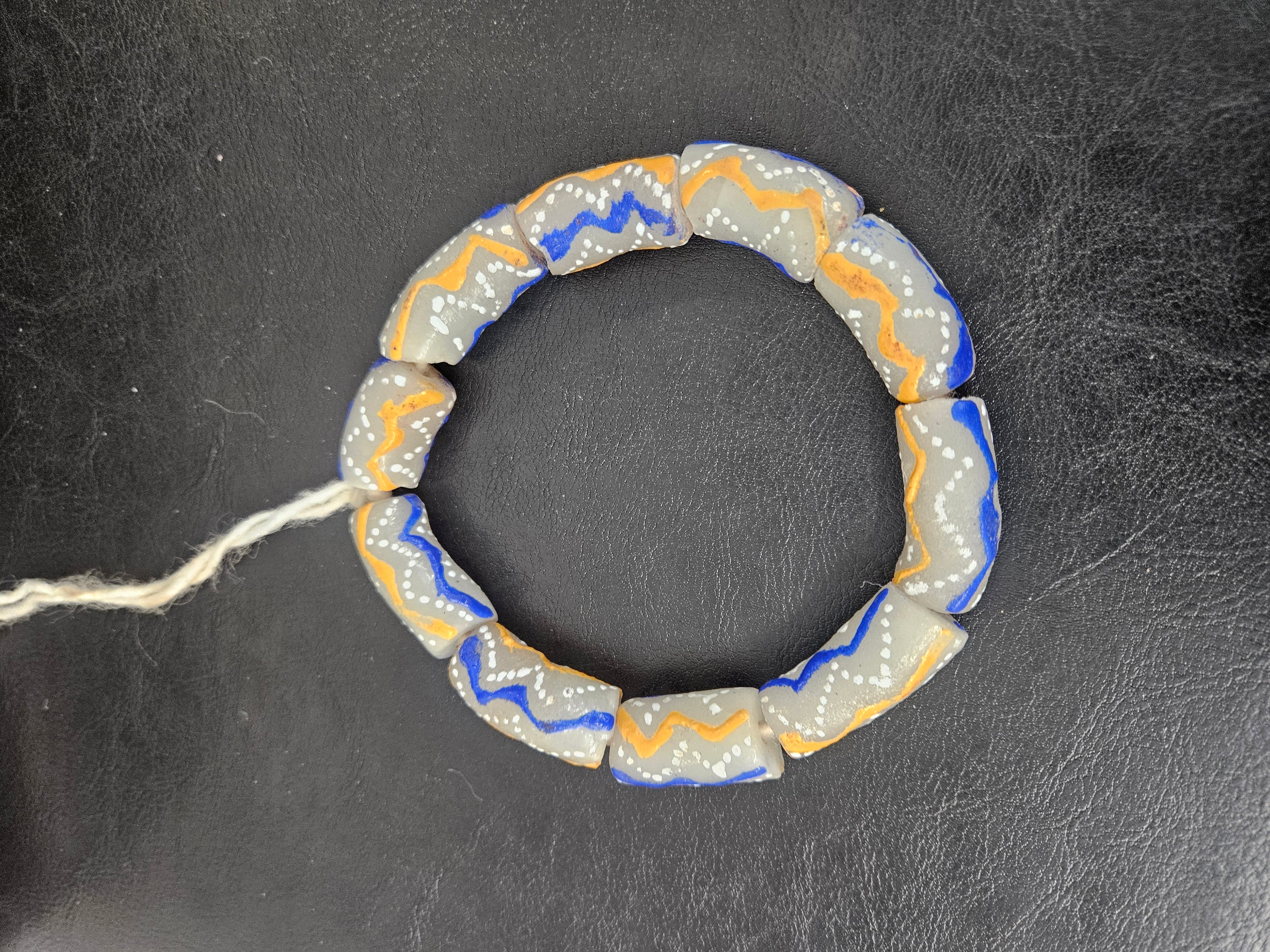 African Glass Beads – Painted Krobo Long Tubes, Gray Blue & Gold