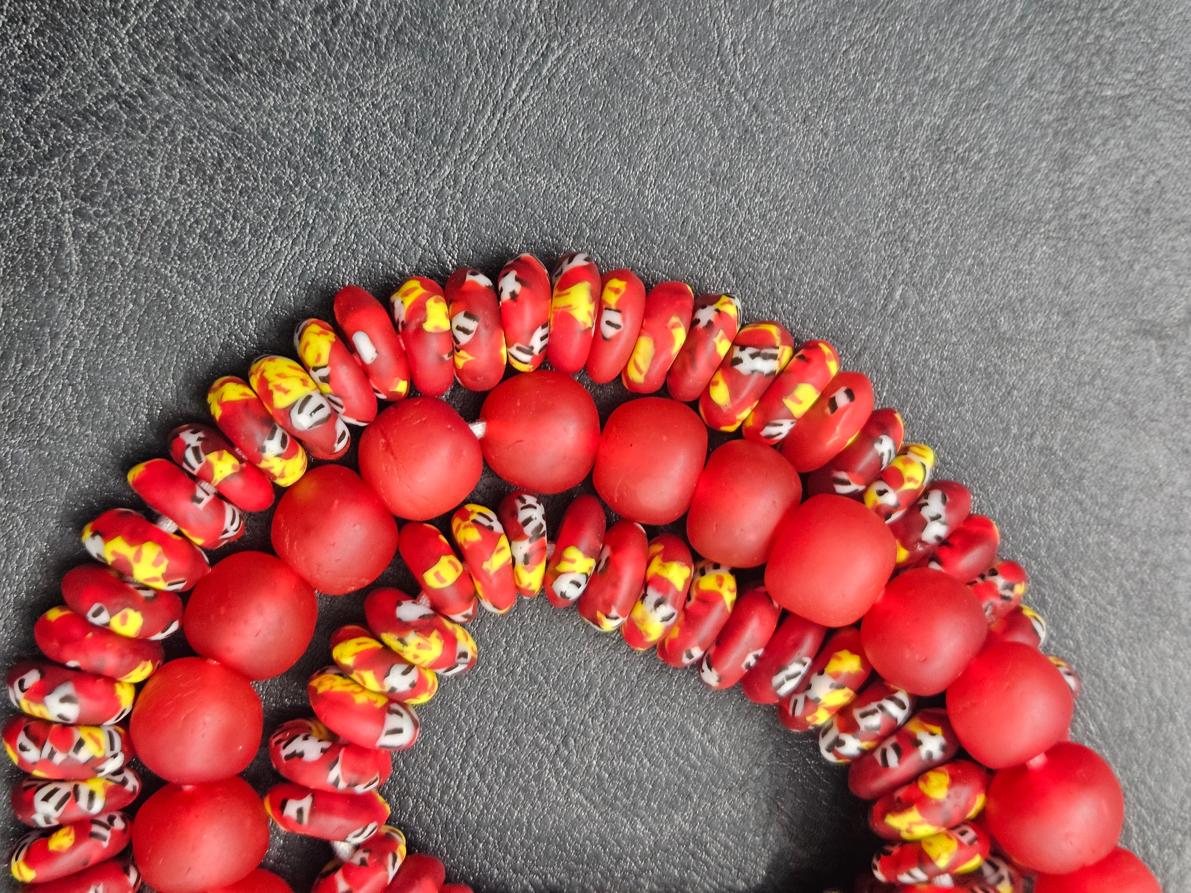 Red African Glass Bead Bundle: Hand-Painted Krobo Rondelle & Round Pocket Glass Beads from Ghana