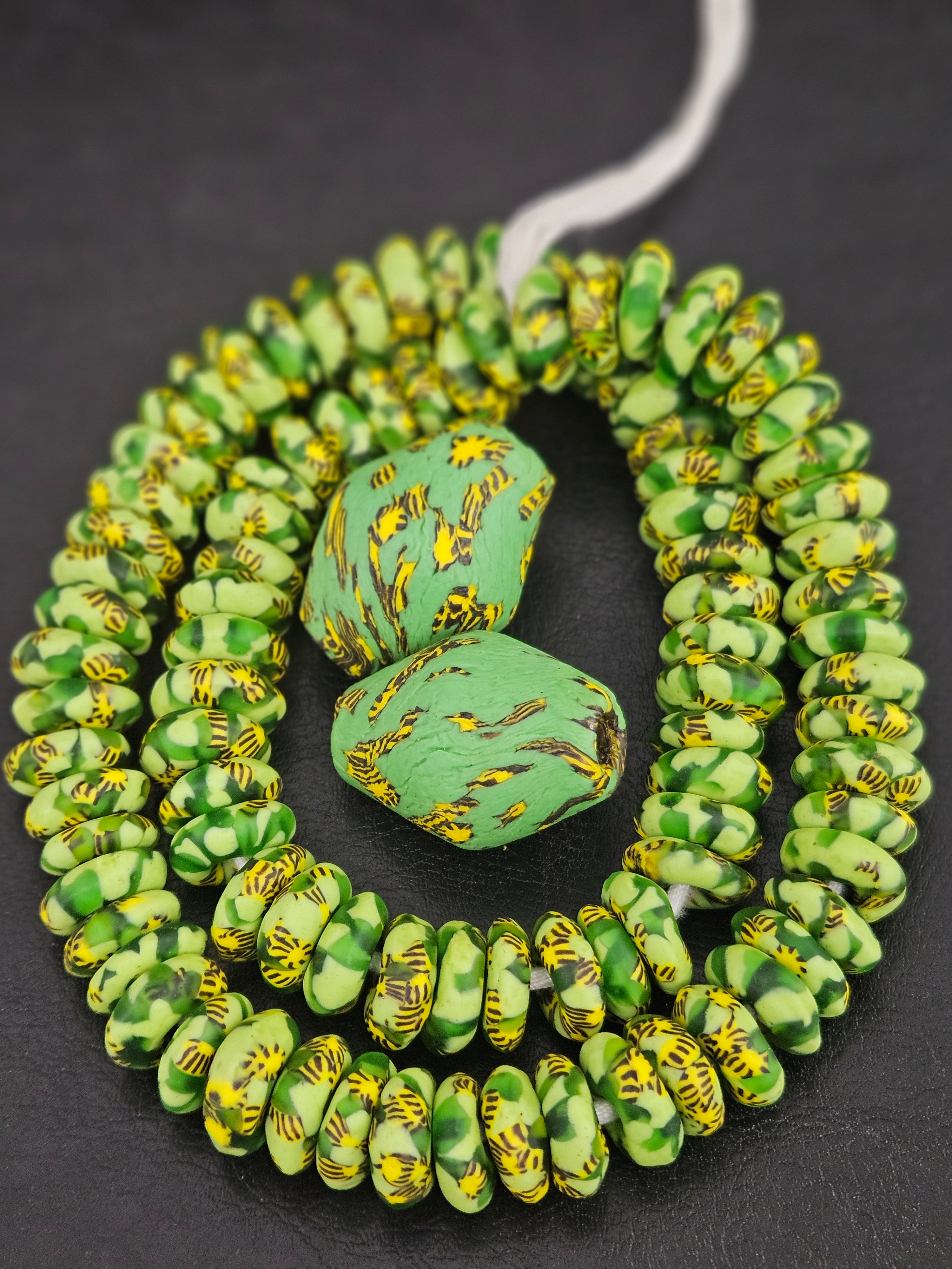 Green African Rondelle Beads Bundle – Krobo Glass + Bicone Focals