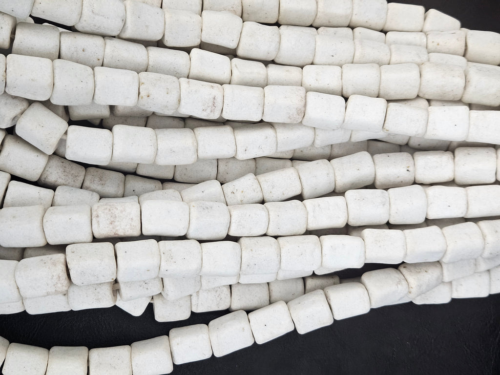 Classic Ivory Cube Tube Krobo Powdered Glass Beads | Handmade Recycled Glass Beads from Ghana | 30–32 Beads