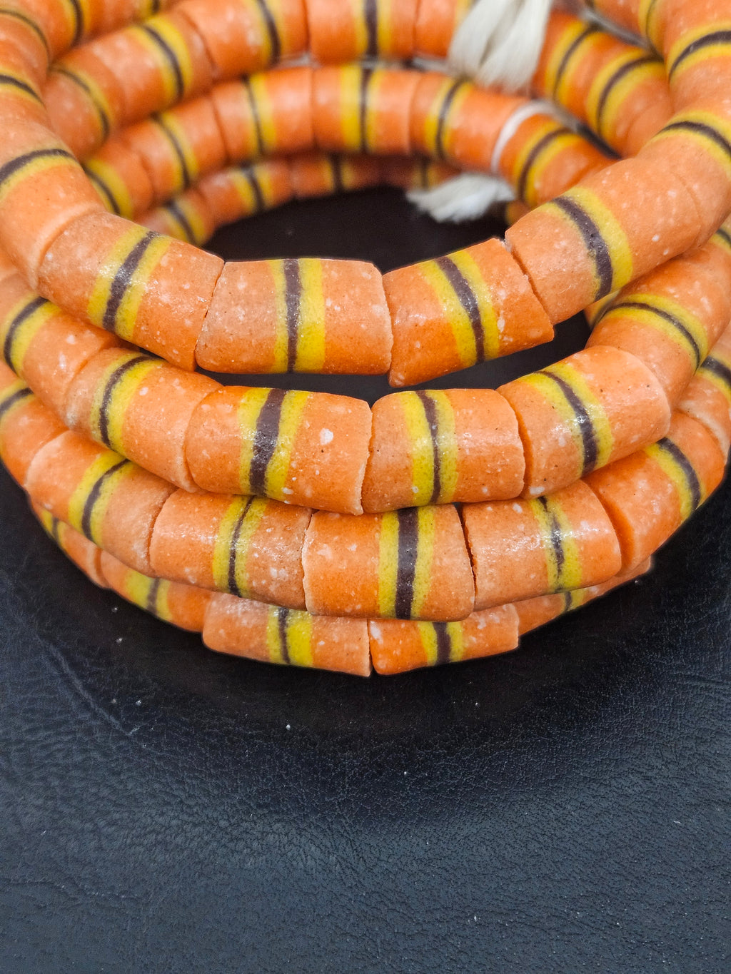 Orange Striped Krobo Kente Glass Beads | Handcrafted Powdered Glass Beads from Ghana | Approx. 17 Beads