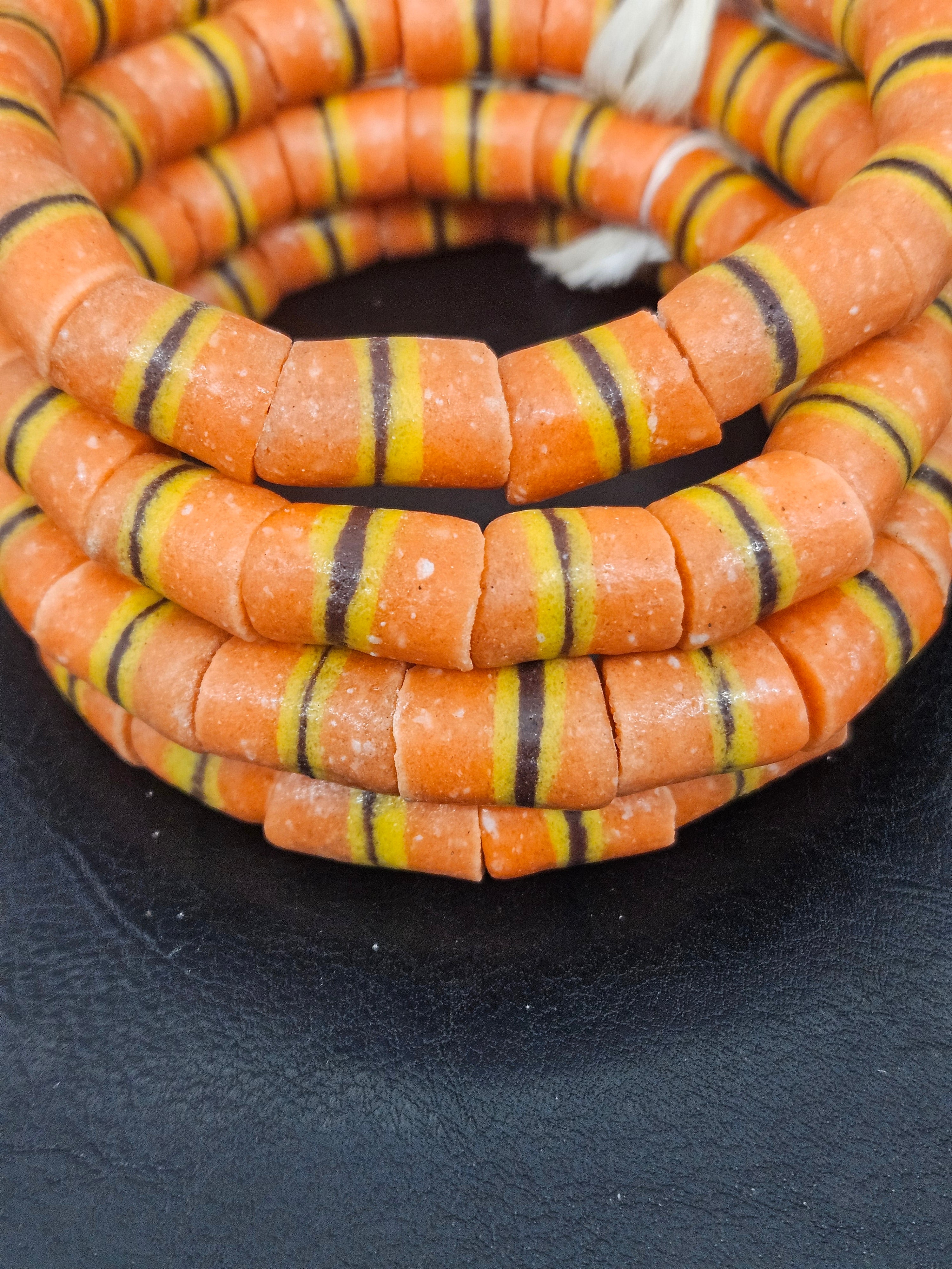 Orange Striped Krobo Kente Glass Beads | Handcrafted Powdered Glass Beads from Ghana | Approx. 17 Beads