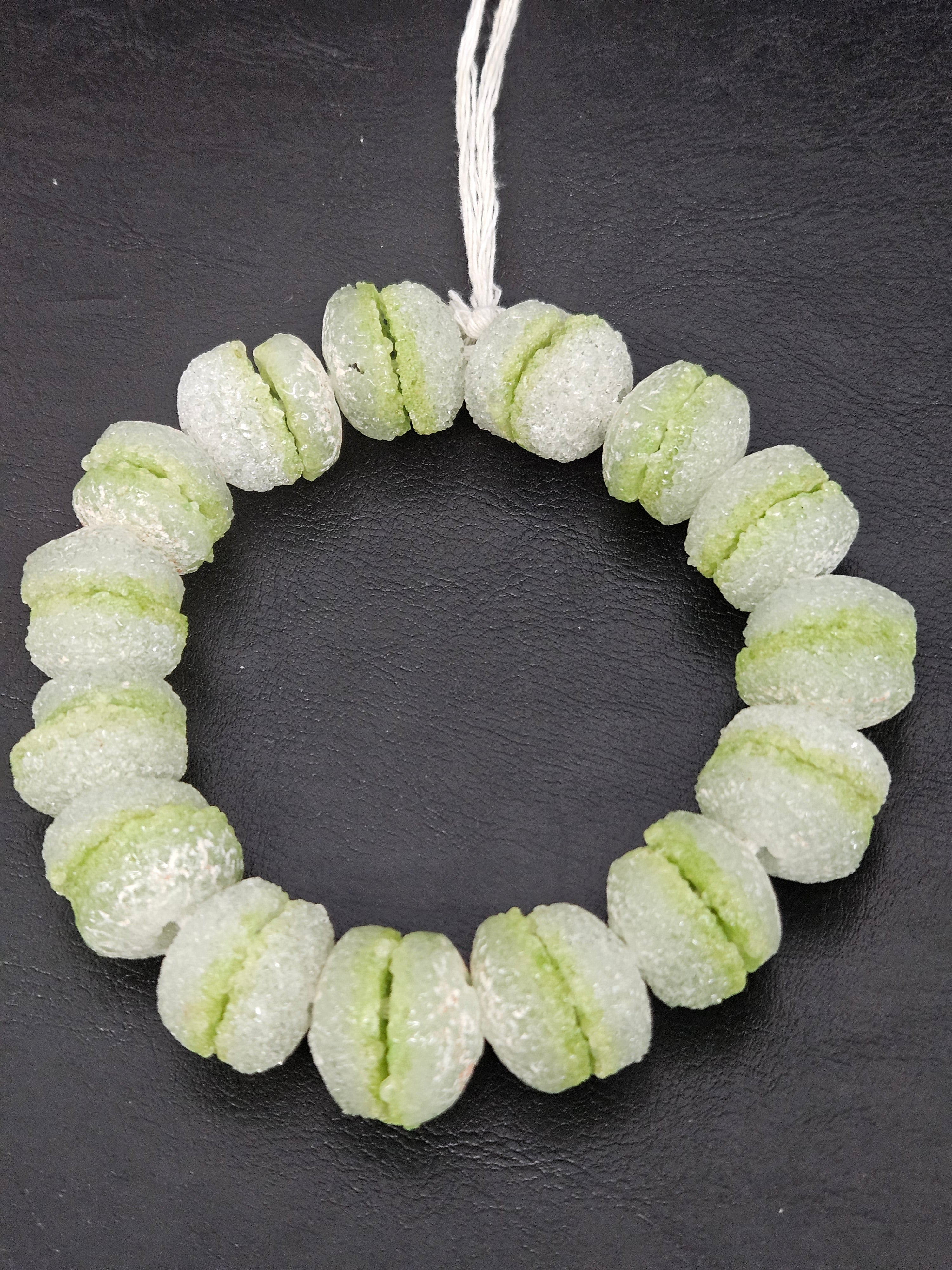 Lime Green & White Krobo Sugar Glass Rondelle Beads | Handcrafted Recycled Glass Beads from Ghana | Approx. 30 Beads Per Strand