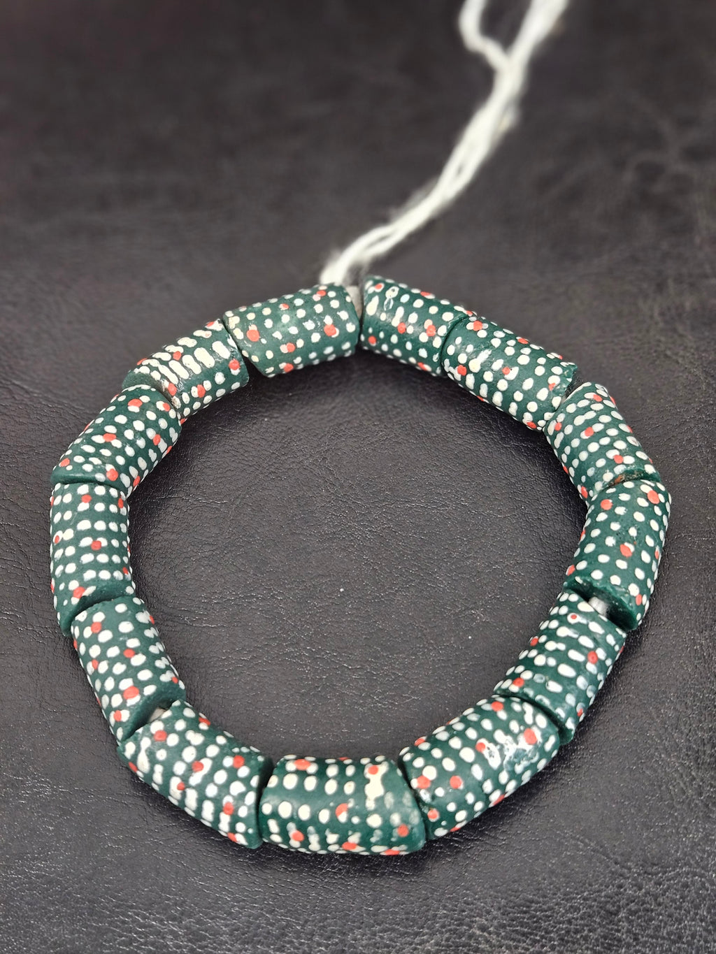 Painted Krobo Glass Beads | Green Red & White Polka Dot Long Tube Beads | Handcrafted Ghana Recycled Glass Beads