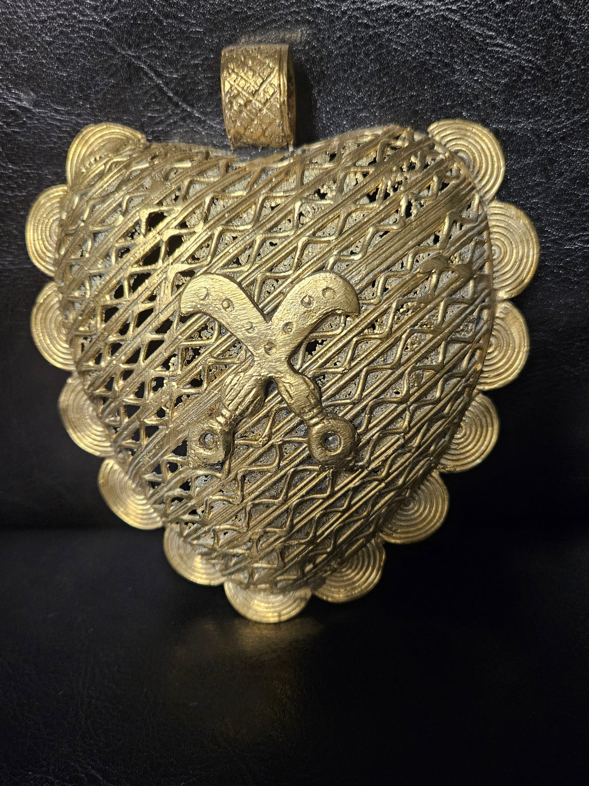 Large Akofena Ghana Brass Statement Pendant – Woven Geometric Focal