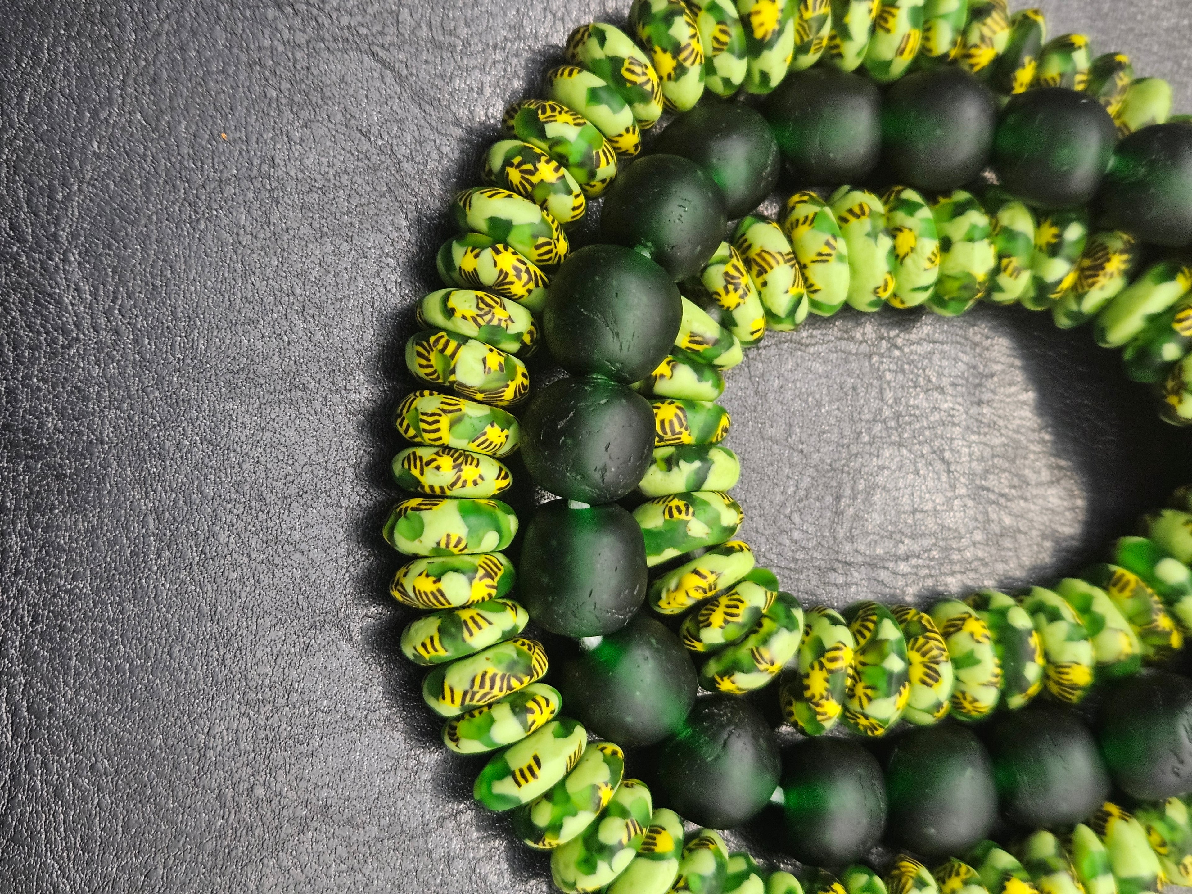 Lime Green Hand-Painted Krobo Rondelle Glass Beads & Emerald Green Pocket Glass Beads | Handmade in Ghana
