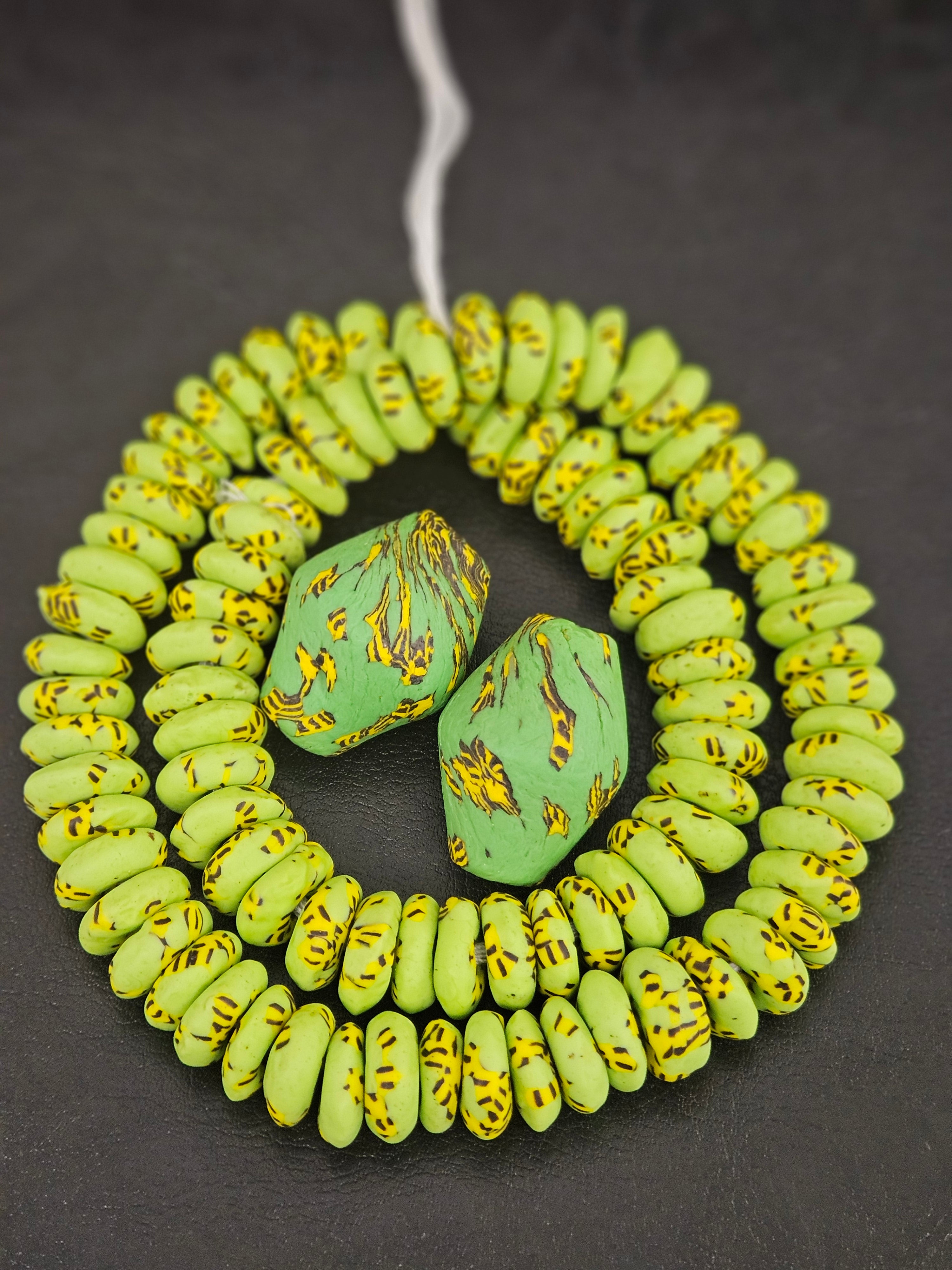 Green African Glass Beads Bundle – Krobo Rondelles + Bicone Focals
