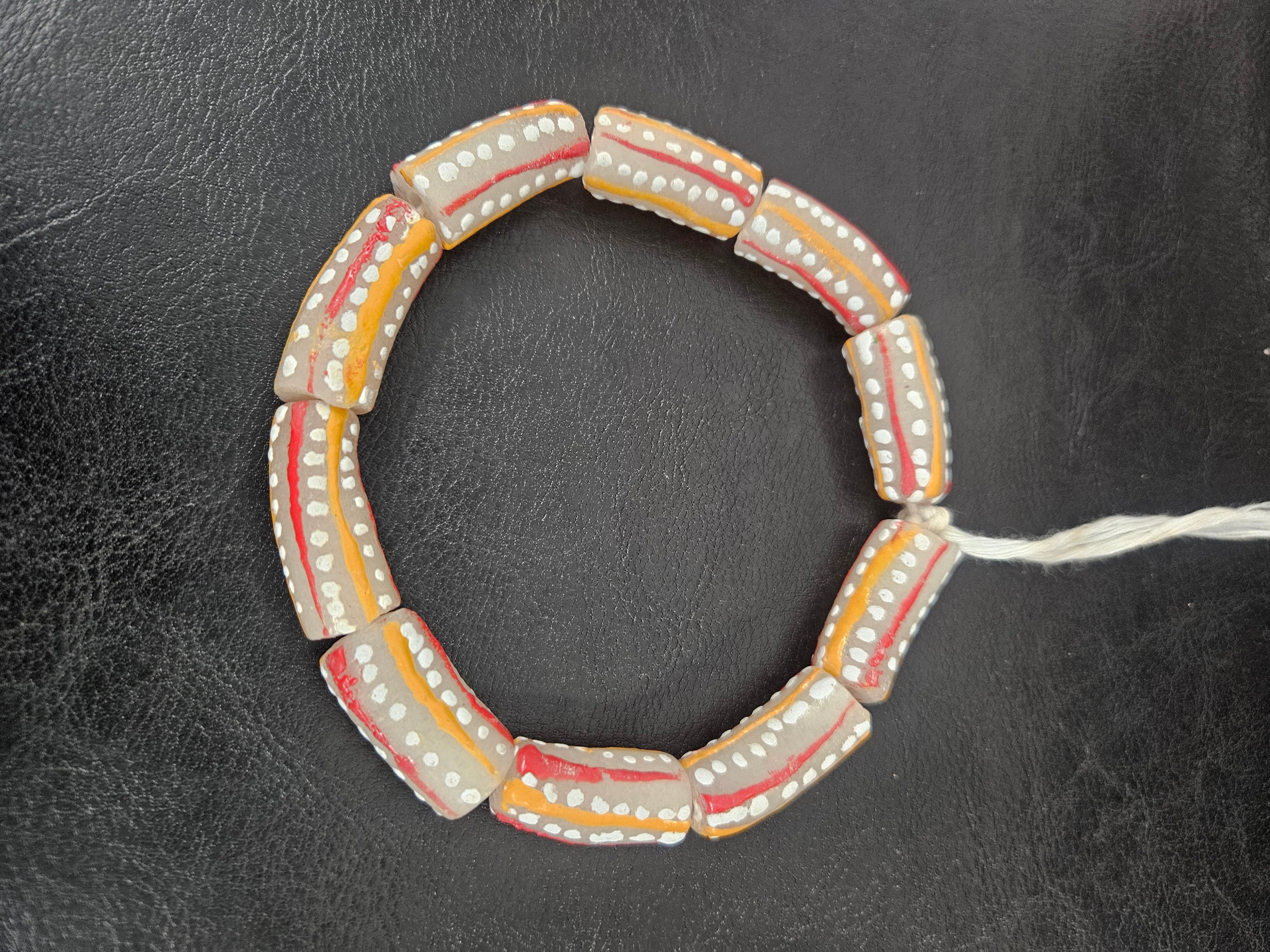 African Glass Beads – Painted Krobo Long Tubes, Gray & Coral Krobo Beads