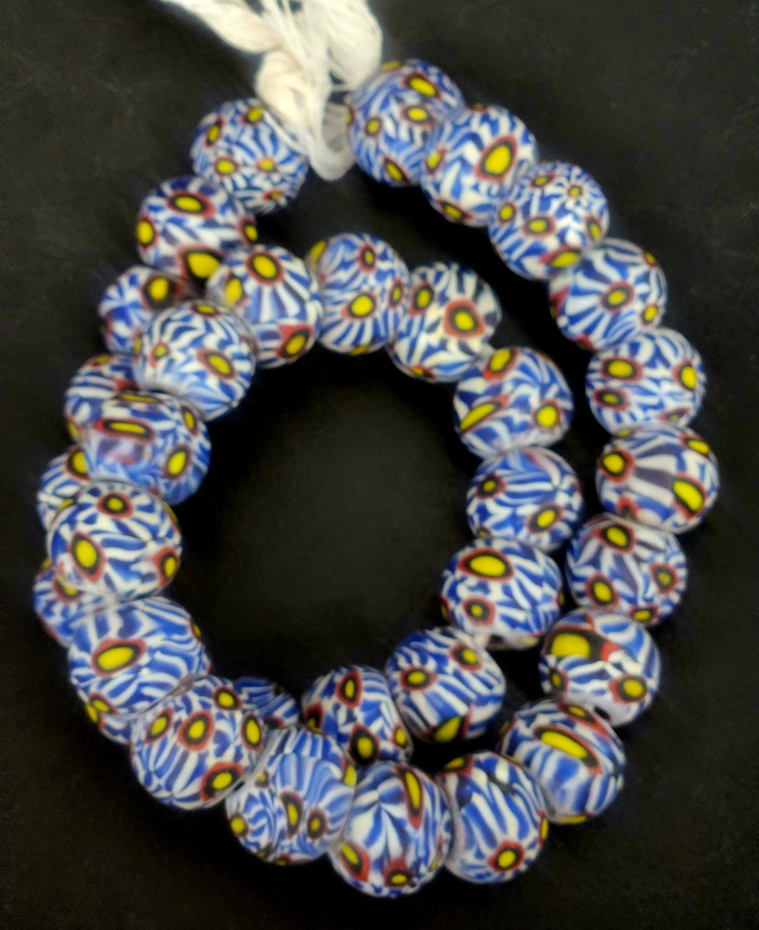 Sky Blue Eye Motif African Trade Beads Sourced in Ghana | Large-Hole Recycled Glass Trade Beads | 15–16mm Designer & Collector Strand