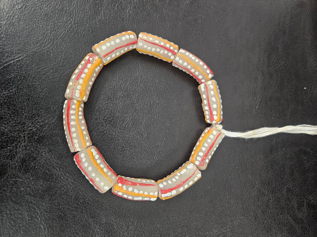 African Glass Beads – Painted Krobo Long Tubes, Gray & Coral Krobo Beads