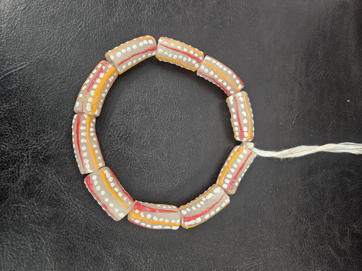 African Glass Beads – Painted Krobo Long Tubes, Gray & Coral Krobo Beads