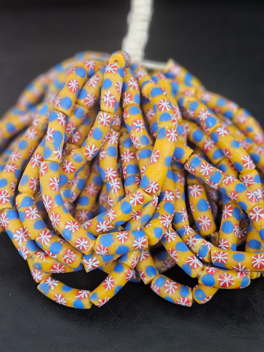 Golden Yellow Krobo Painted Glass Tube Beads with Royal Blue & Coral Red Floral Motifs | Handcrafted Recycled Glass from Ghana