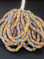 Golden Yellow Krobo Painted Glass Tube Beads with Royal Blue & Coral Red Floral Motifs | Handcrafted Recycled Glass from Ghana