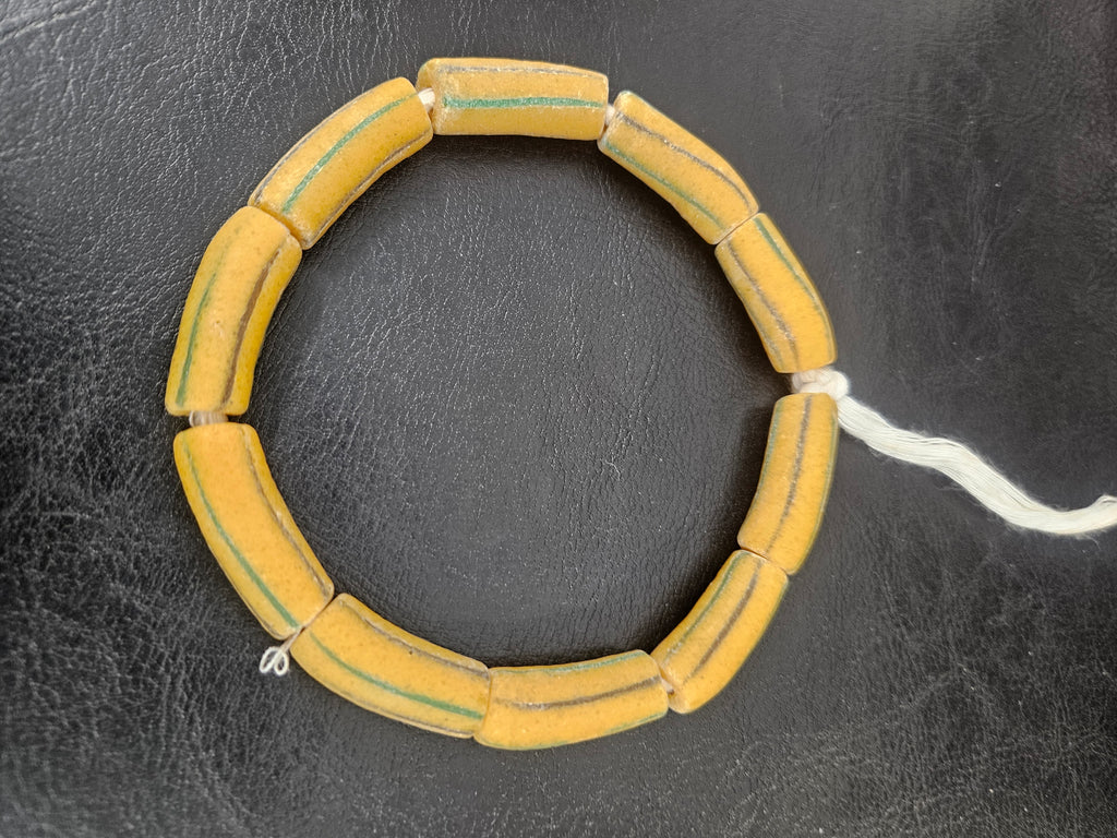 African Glass Beads – Painted Krobo Long Tubes, Mustard & Green Handmade Beads