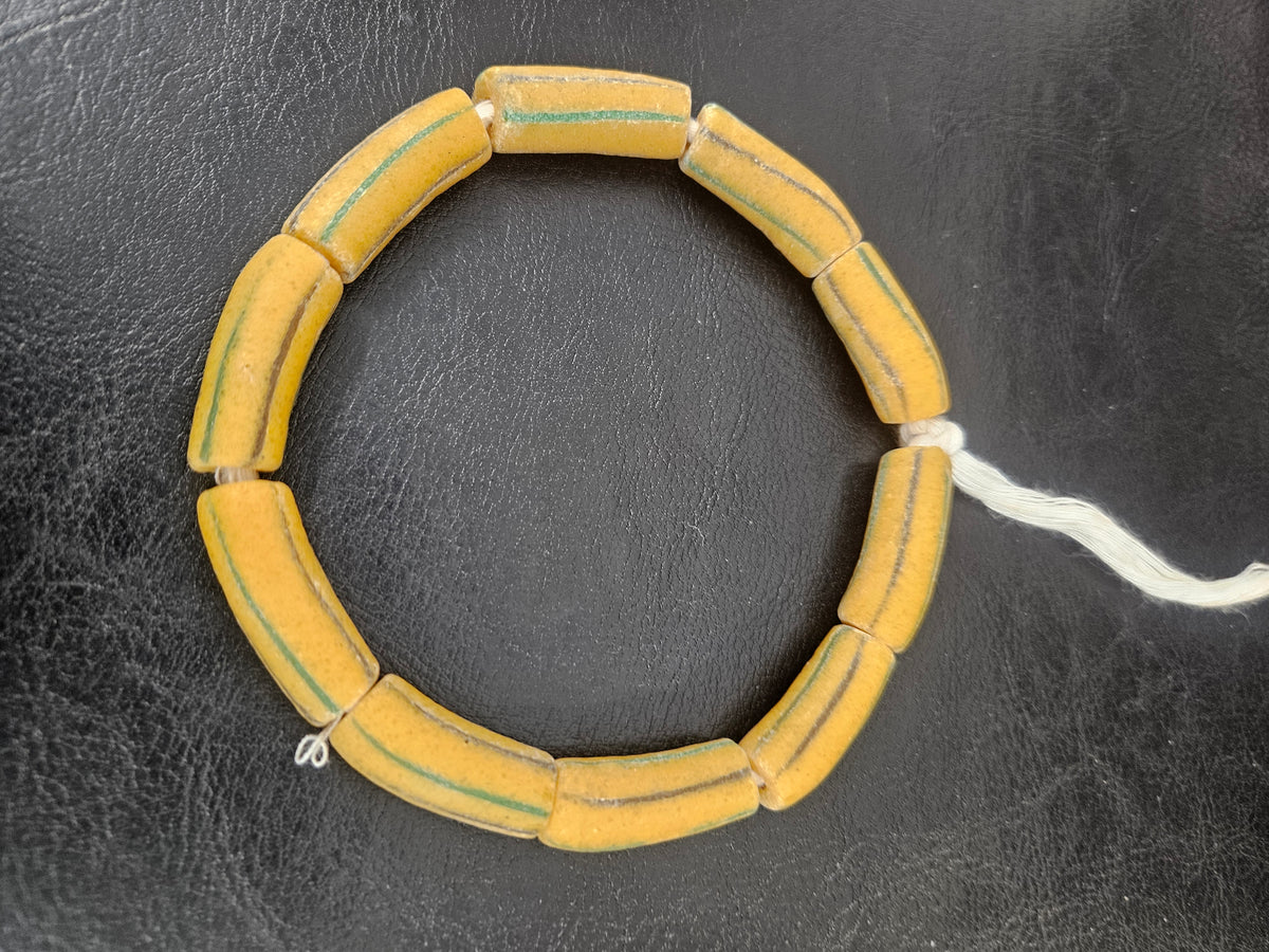 African Glass Beads – Painted Krobo Long Tubes, Mustard & Green Handmade Beads