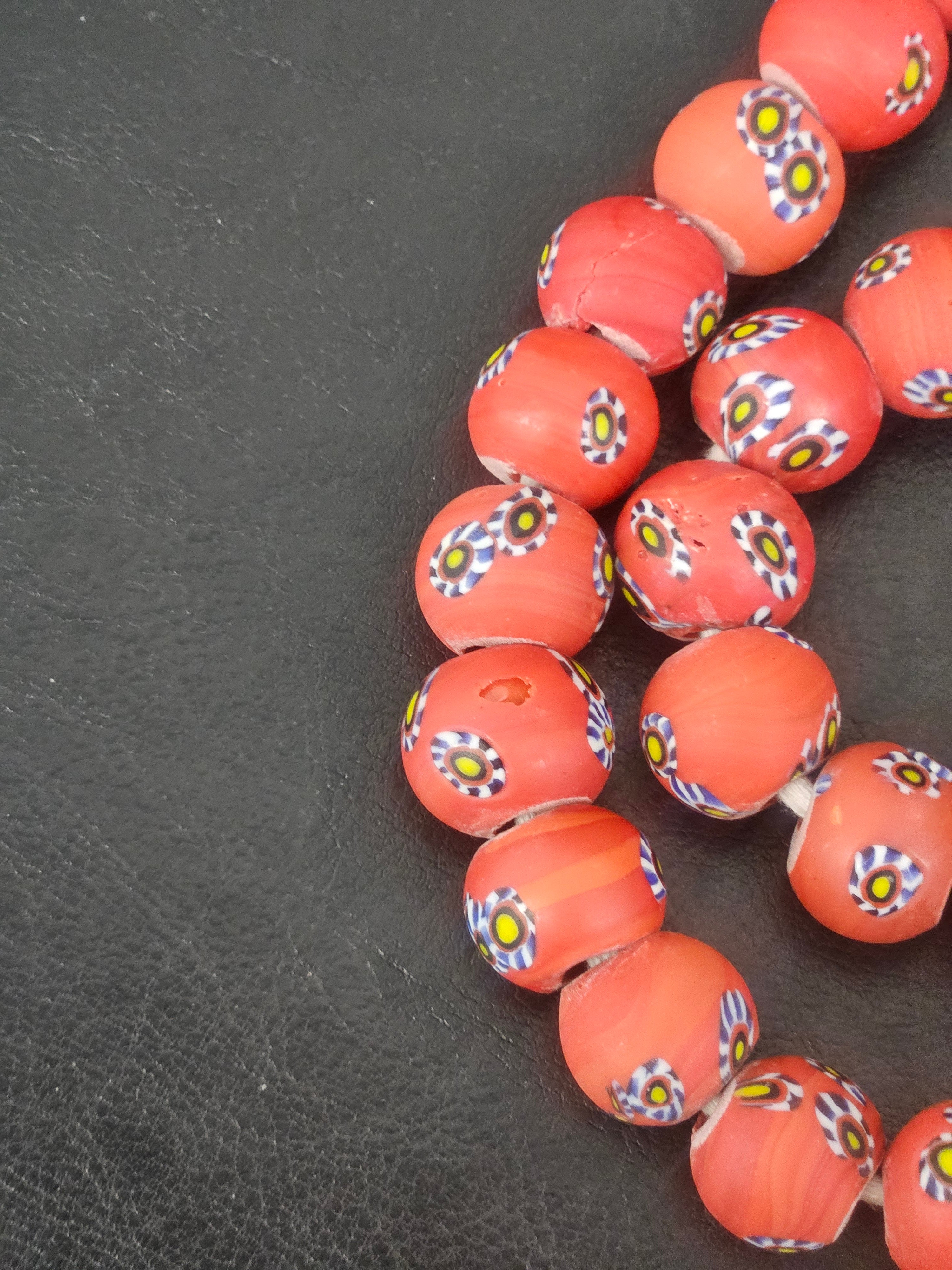 Coral Eye Motif African Trade Beads Sourced in Ghana | Large-Hole Recycled Glass Trade Beads | 15–16mm Designer & Collector Strand