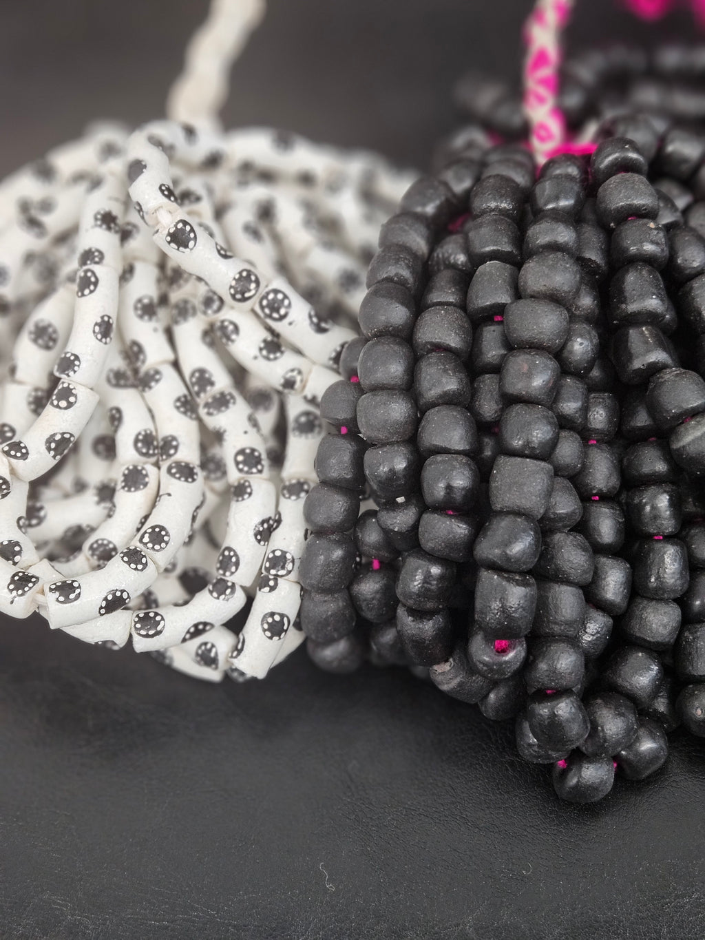 Ivory White Krobo Painted Glass Tube Beads with Ebony Black Medallion Motifs
