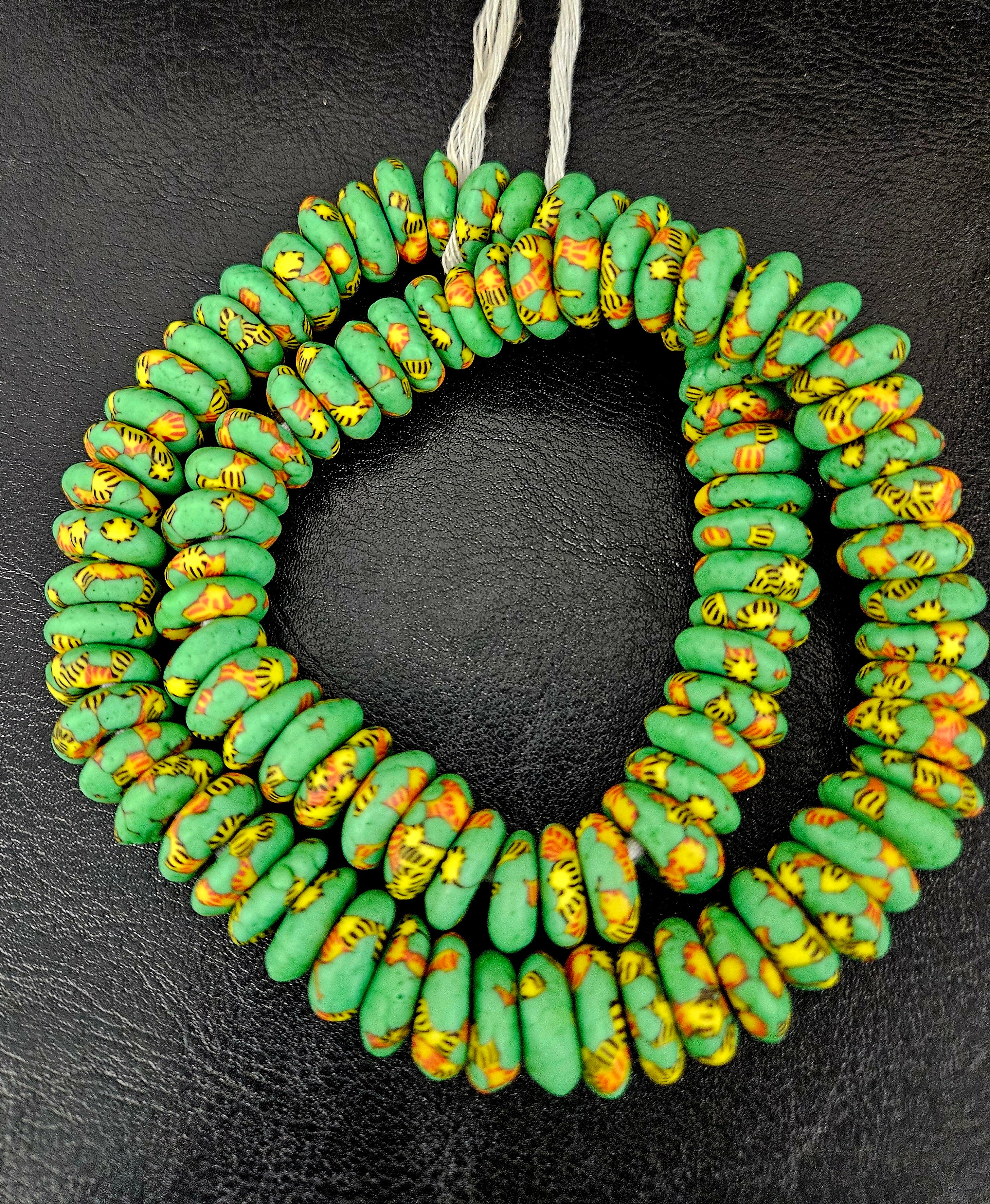 Green, Yellow & Red Fused Krobo Rondelle Recycled Glass Beads | 14–16 mm African Trade Beads | Handmade in Ghana