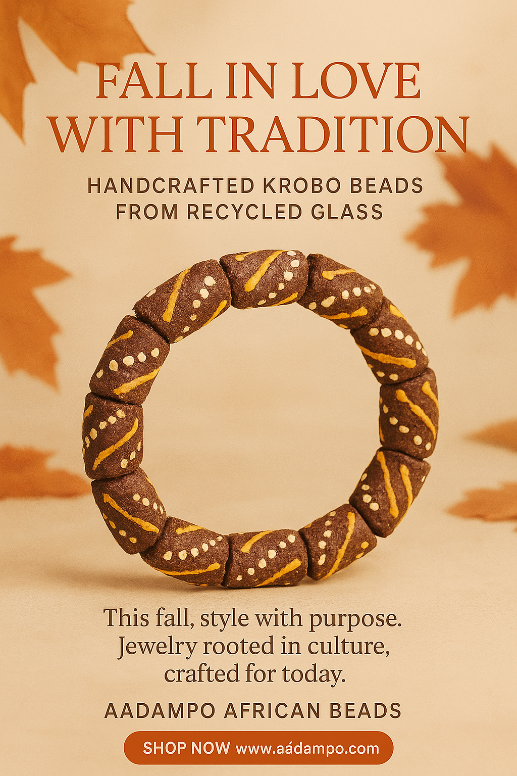 Fall Handcrafted Krobo Painted Recycled Glass Beads – African Brown Tube Beads with White & Yellow Patterns (17–18mm × 30–32mm)