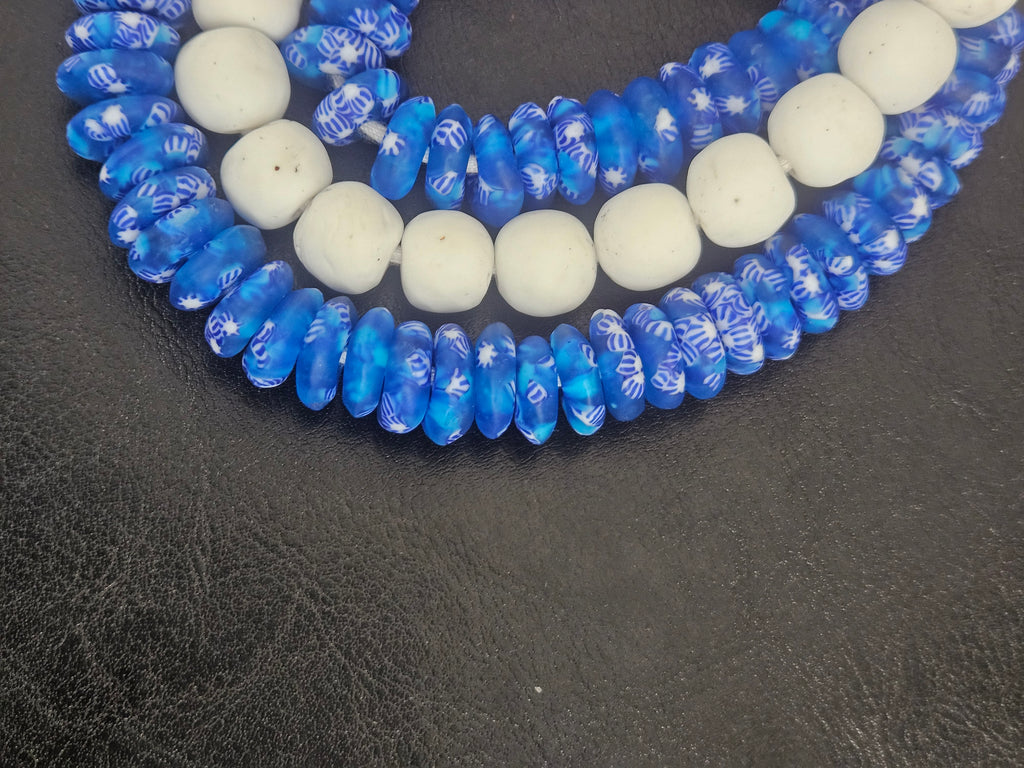 Blue & White African Glass Bead Bundle: Hand-Painted Krobo Rondelle and White Pocket Beads from Ghana