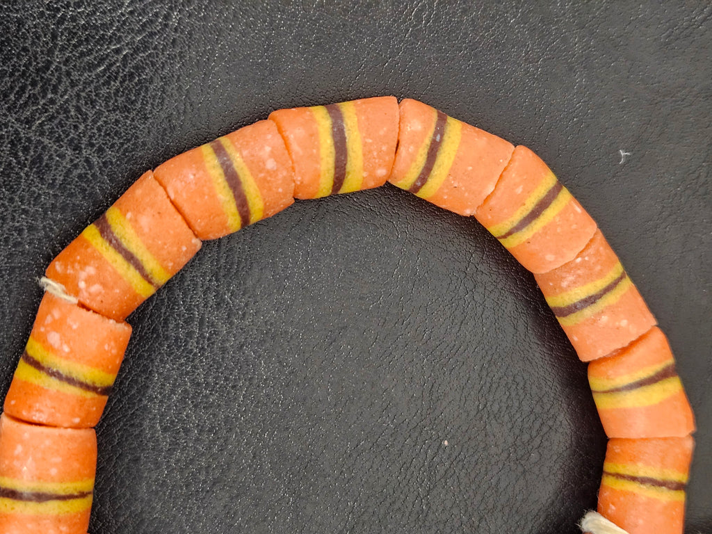 Orange Striped Krobo Kente Glass Beads | Handcrafted Powdered Glass Beads from Ghana | Approx. 17 Beads