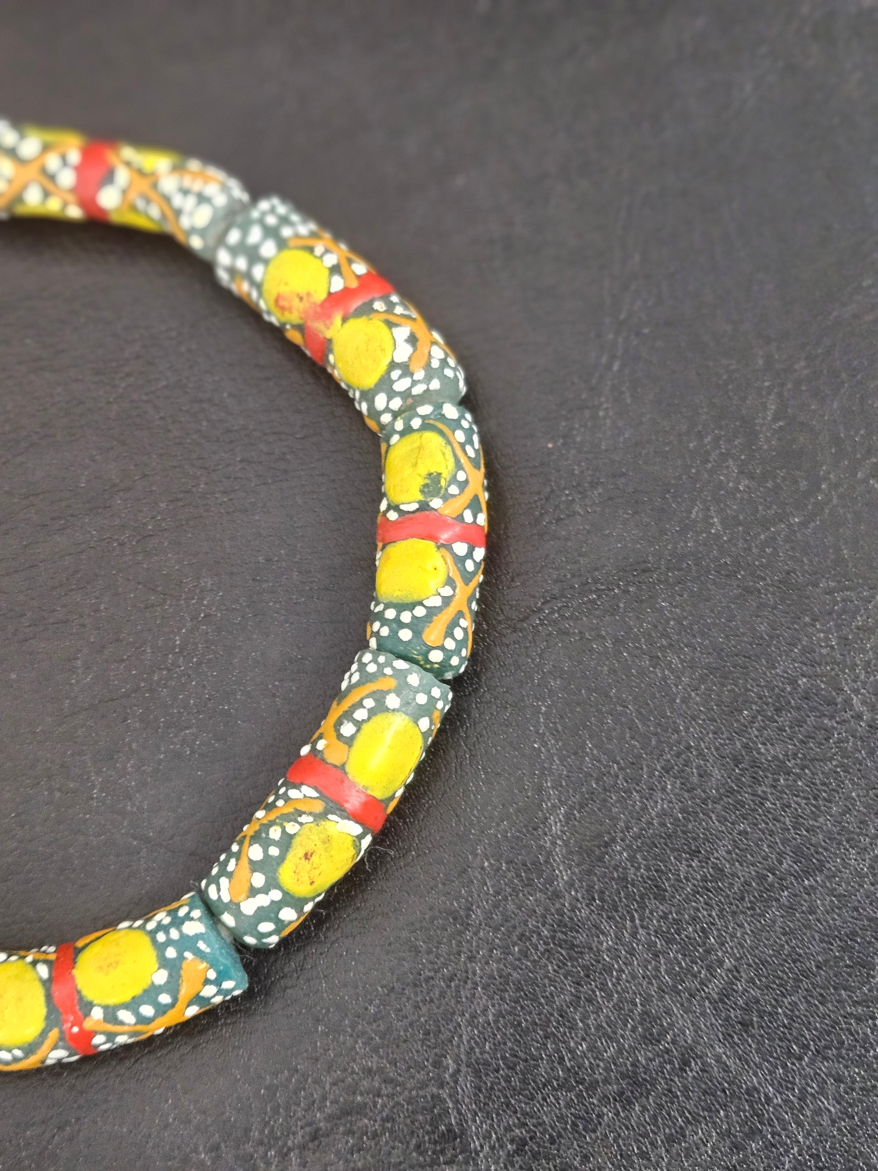 Olive Green Krobo Painted Glass Tube Beads with Golden Yellow Medallions & Terracotta Geometric Motifs