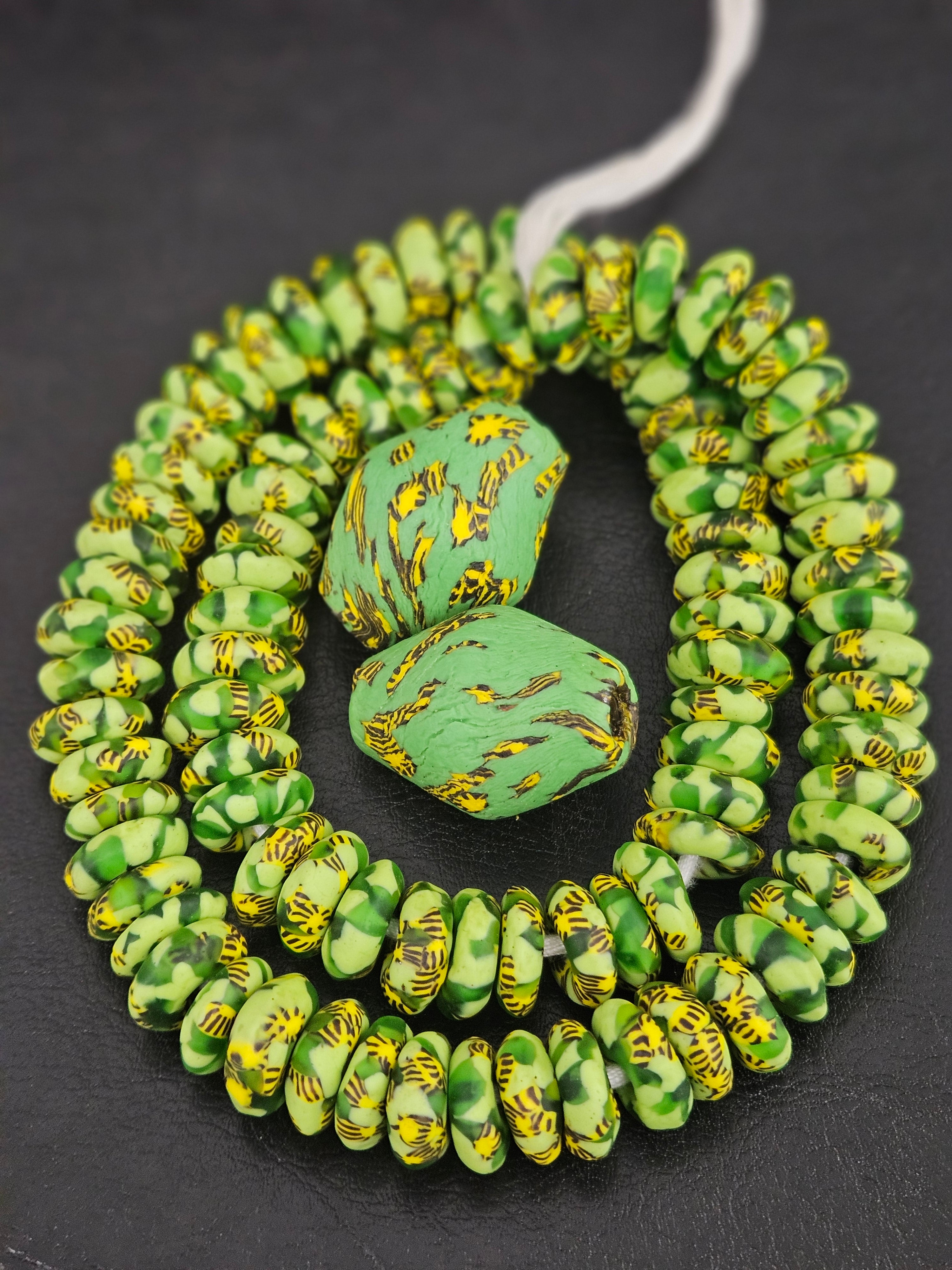 Green African Rondelle Beads Bundle – Krobo Glass + Bicone Focals