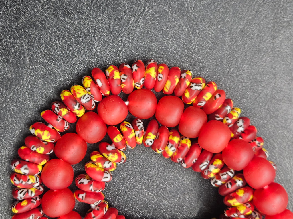 Red African Glass Bead Bundle: Hand-Painted Krobo Rondelle & Round Pocket Glass Beads from Ghana