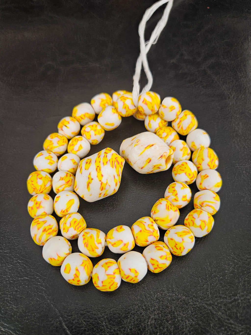 African Glass Bead Bundle – Yellow & Ivory Krobo Rounds + Focal Beads