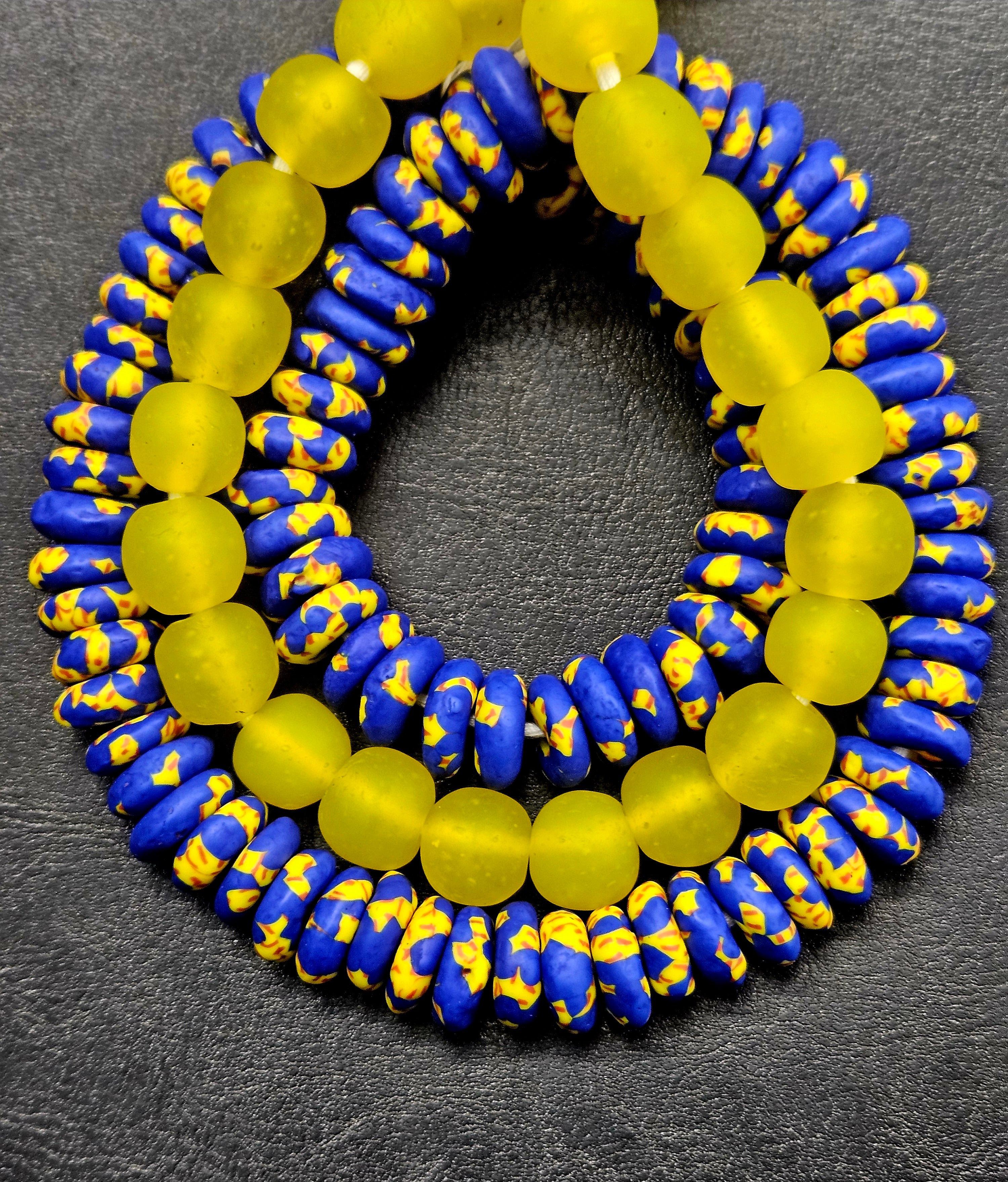 Royal Blue Hand-Painted Krobo Rondelle Glass Beads & Sunshine Yellow Pocket Glass Beads | Handmade in Ghana