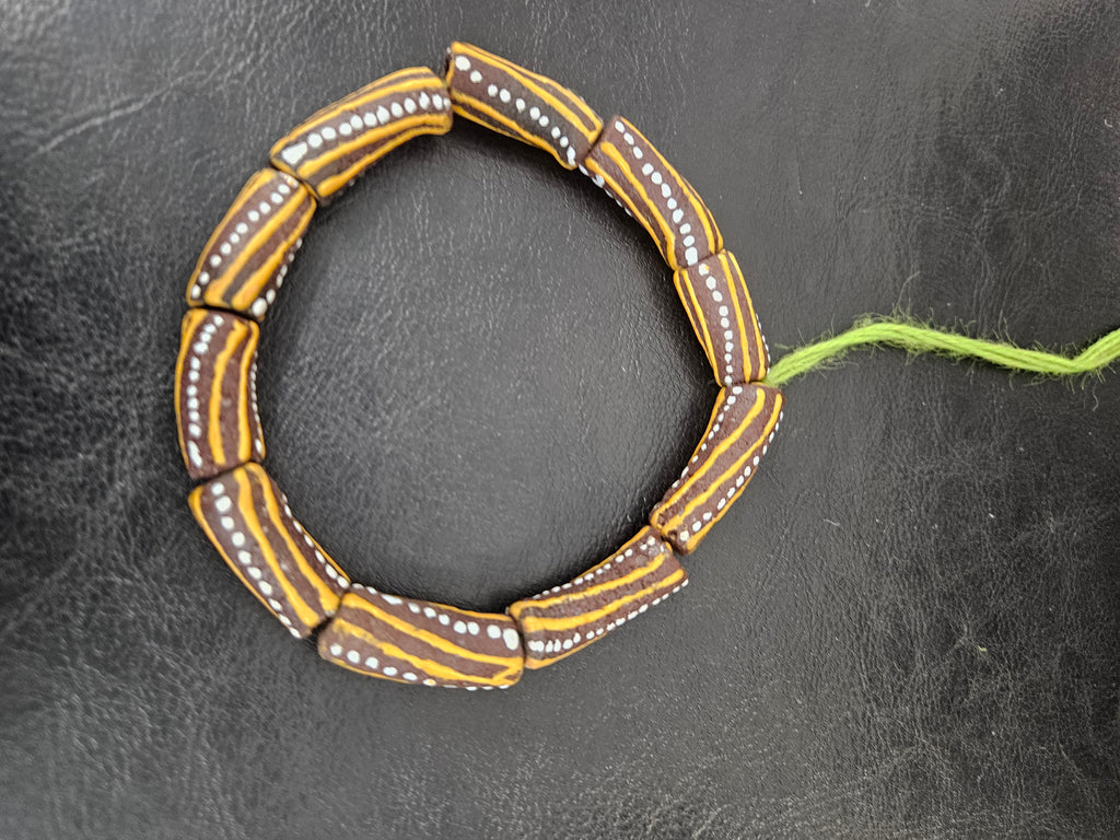 African Glass Beads – Painted Krobo Long Tubes, Brown & Gold