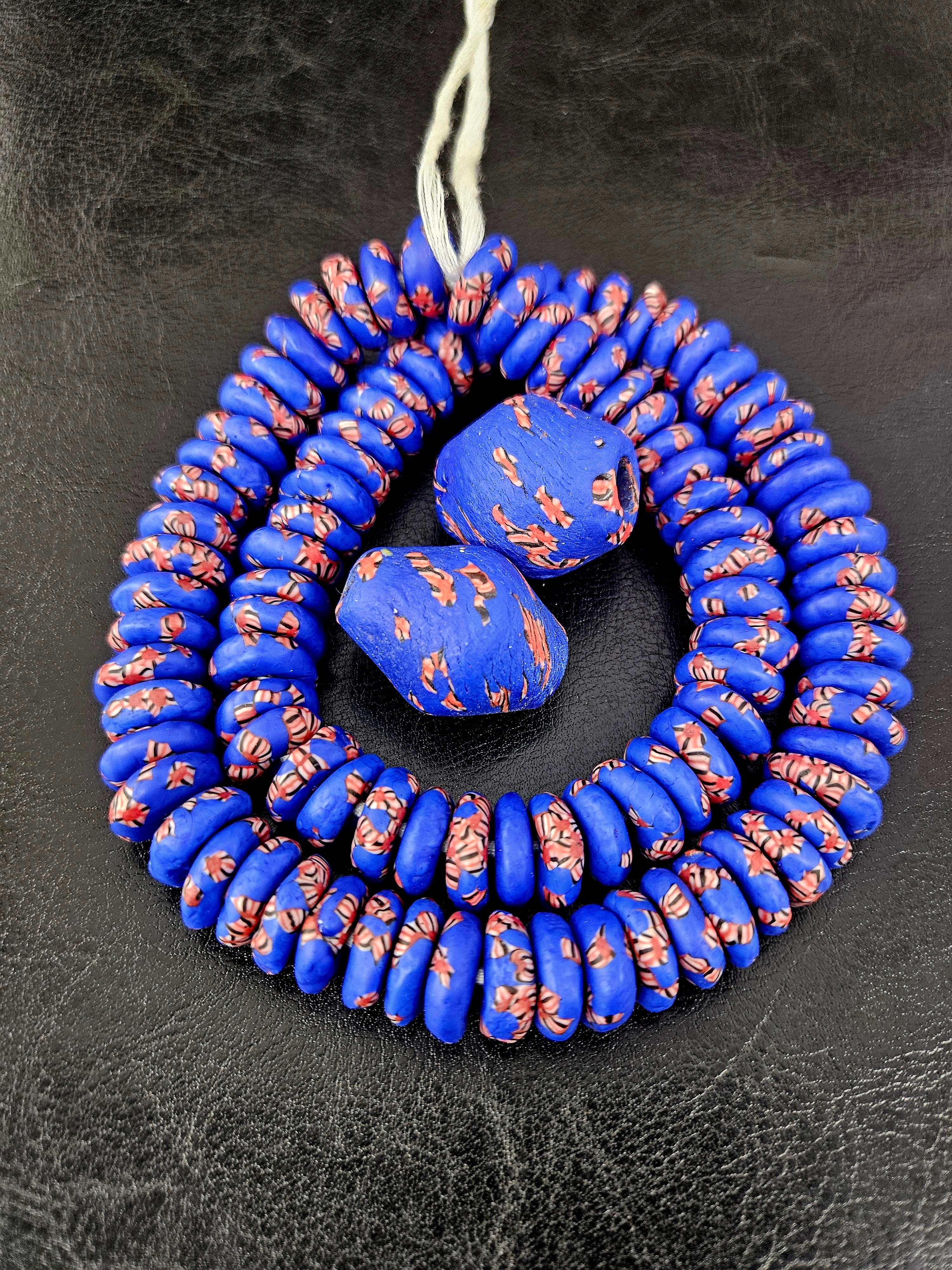 African Glass Bead Bundle – Cobalt Blue Krobo Rondelles + Focal Beads