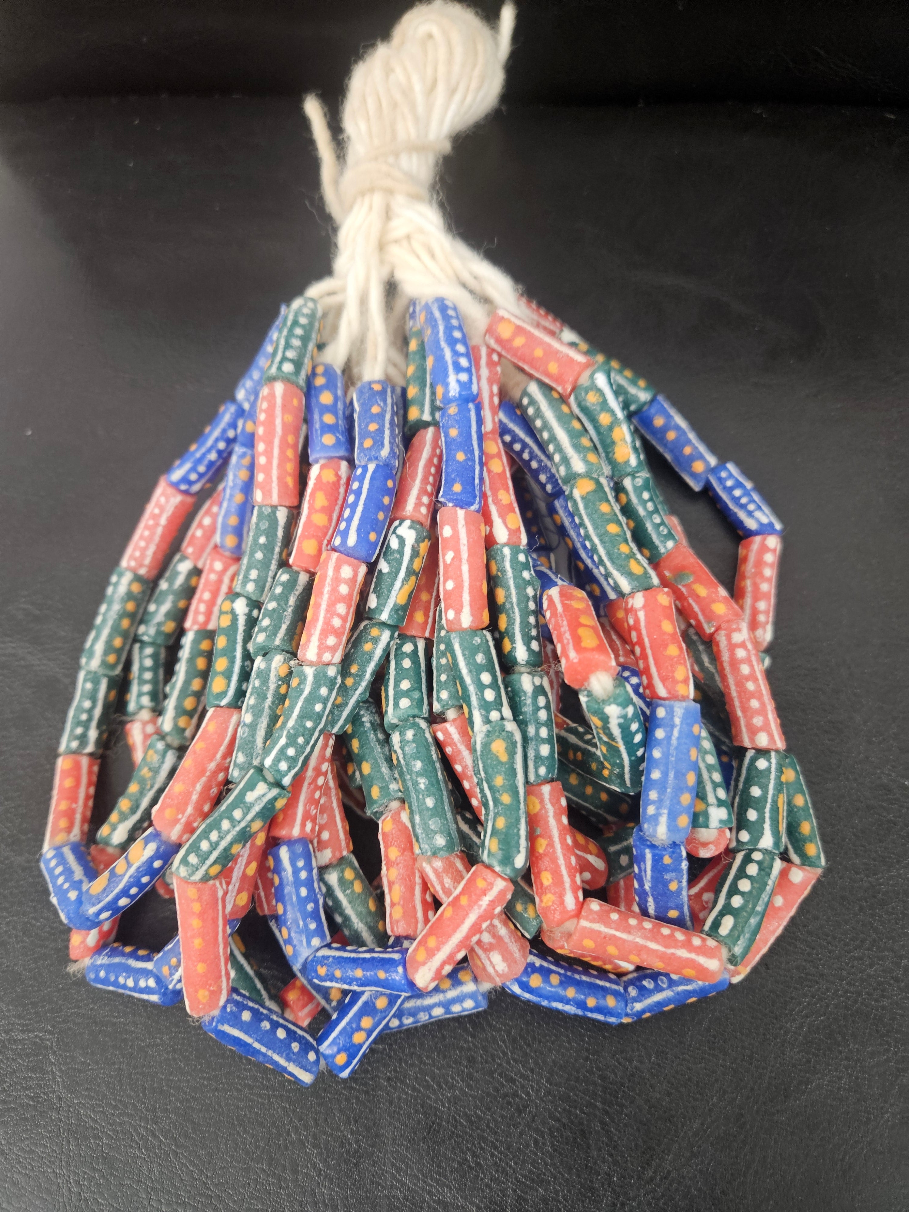 Multicolor Krobo Painted Glass Tube Beads | Handmade African Recycled Glass Beads from Ghana | Approx. 13 Beads